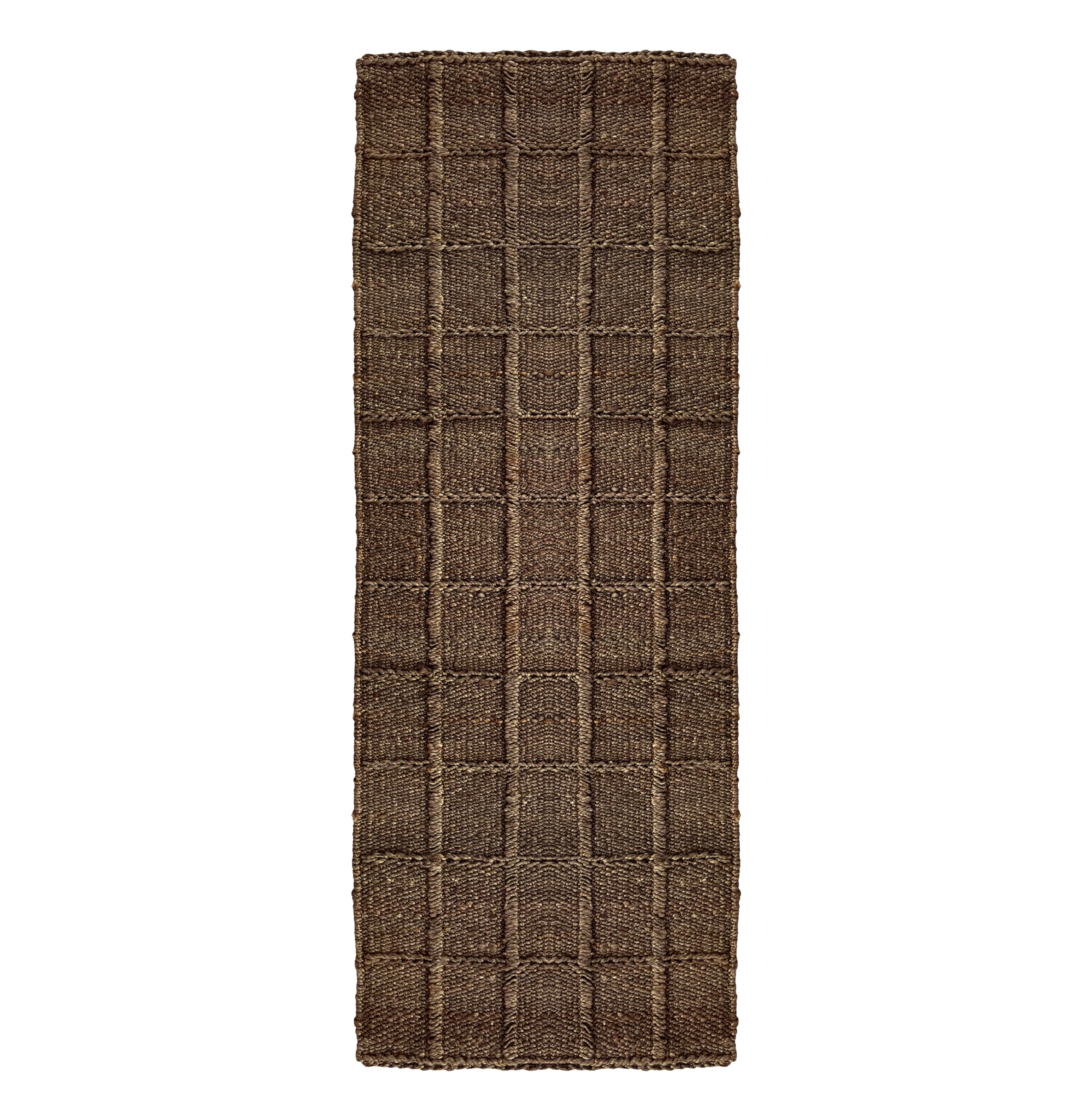 Block Grid Jute Runner Rug, Brown, 2'6"x8' Checkered, Boho, Handwoven, Natural Fiber, for Hallway, Entryway, Kitchen