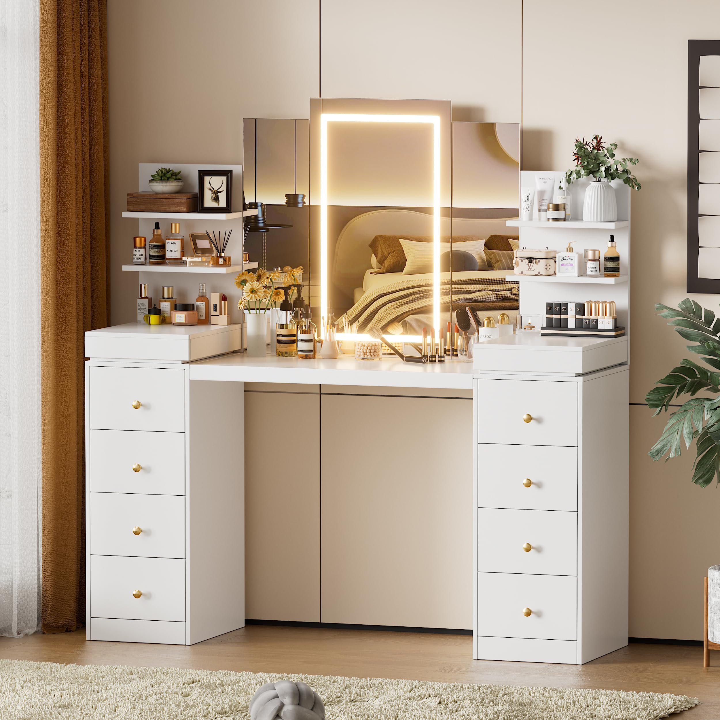 PAKASEPT Makeup Vanity with LED Illuminated Mirror, Makeup Table with 3 Color Lighting, 55'' Vanity Desk Set Boasting 10 Drawers Hidden and Open Shelves, for Girls/Women