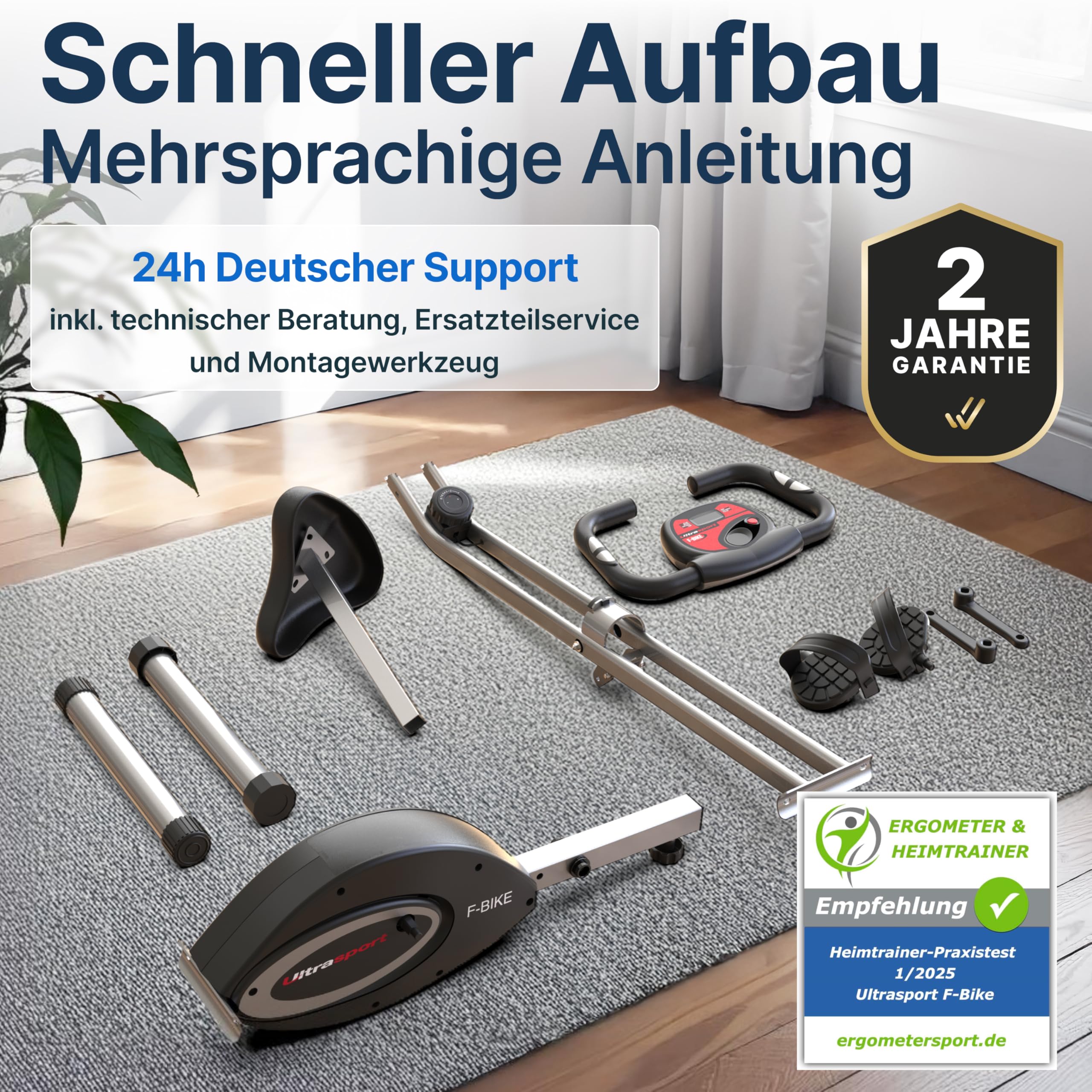 Ultrasport Heimtrainer Fahrrad Klappbar I Hometrainer Fahrrad Klappbar Extra Leise bis 130 KG mit Komfort-Sattel I Ergometer Heimtrainer, Fitnessbikes, Indoor Bike, Trimmrad