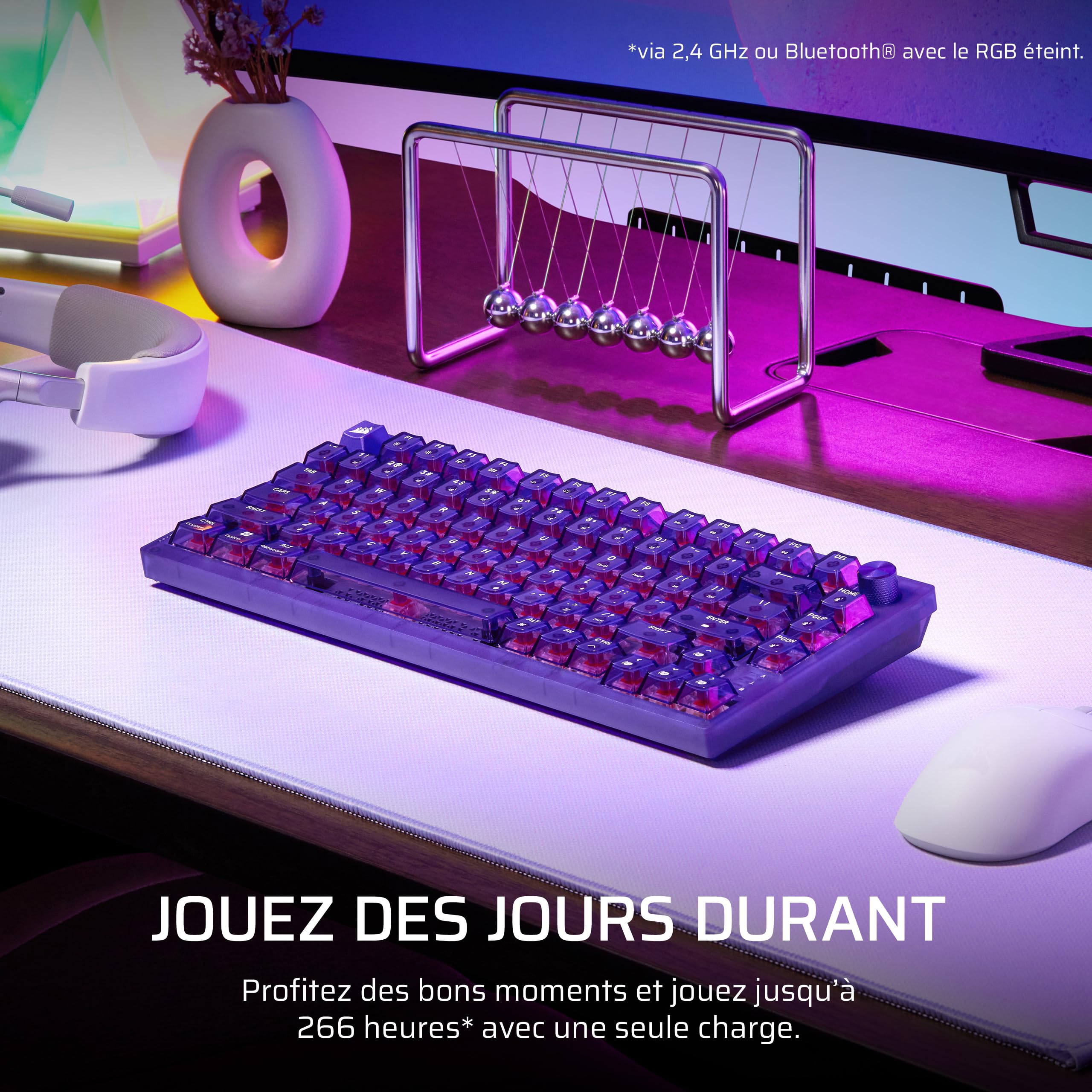Corsair K65 Plus sans Fil 75% Gaming Clavier (AZERTY FR) – Violet Atomique | RGB, Mechanical, Commutateurs Linéaires CORSAIR MLX Red Pré-Lubrifiés, Keycaps PBT – PC, PS5, PS4, Xbox