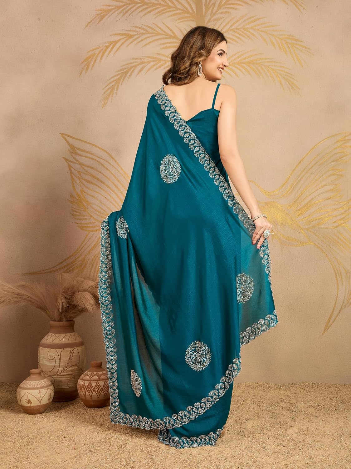 TRENDMALLS Women's Art Silk Siroski Work Saree with Unstitched Blouse Piece
