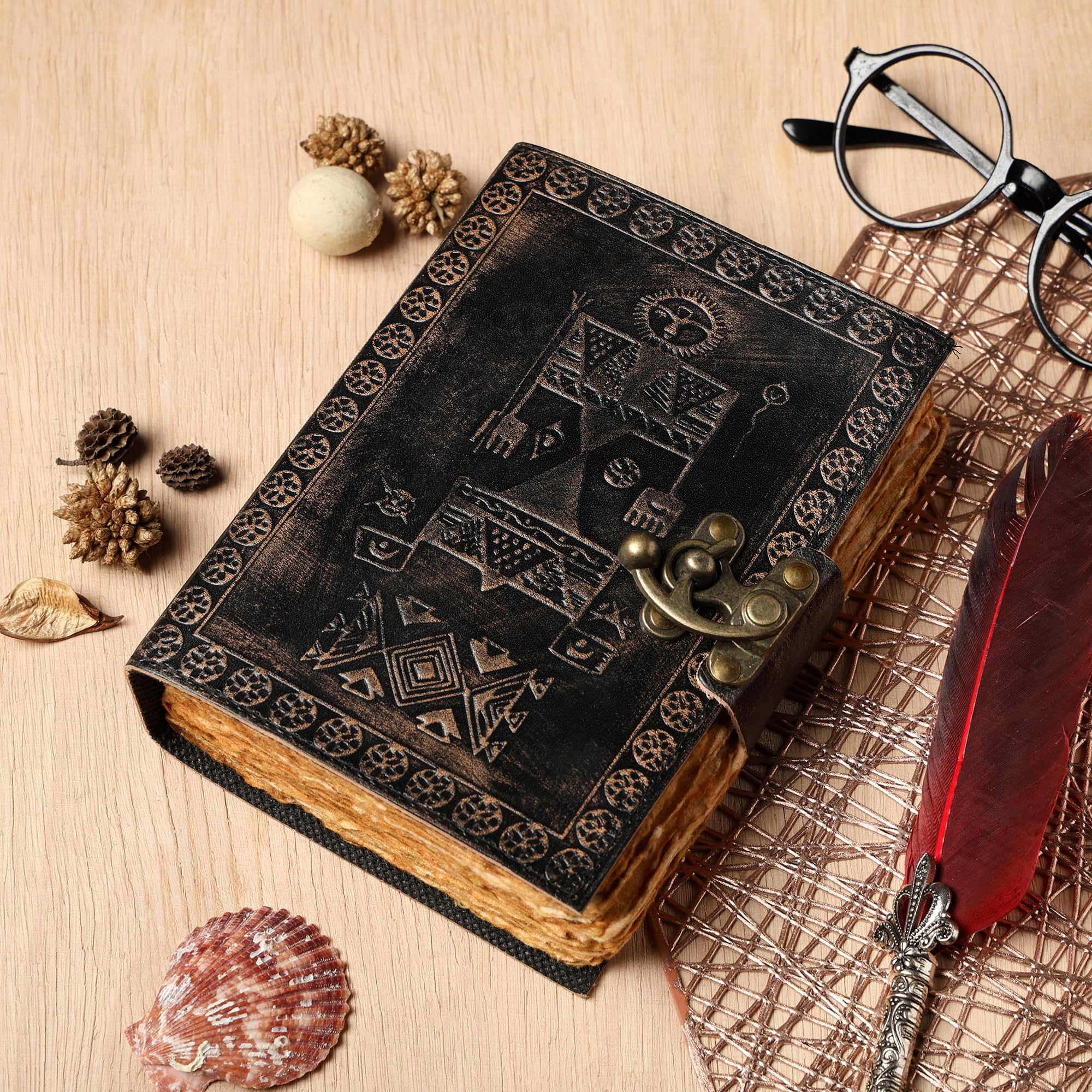 Purpledip Leather Diary Journal With Emboss Design 'Totem Pole' Handmade Tree-Free Cotton Paper With Deckled Edges In Antique Finish