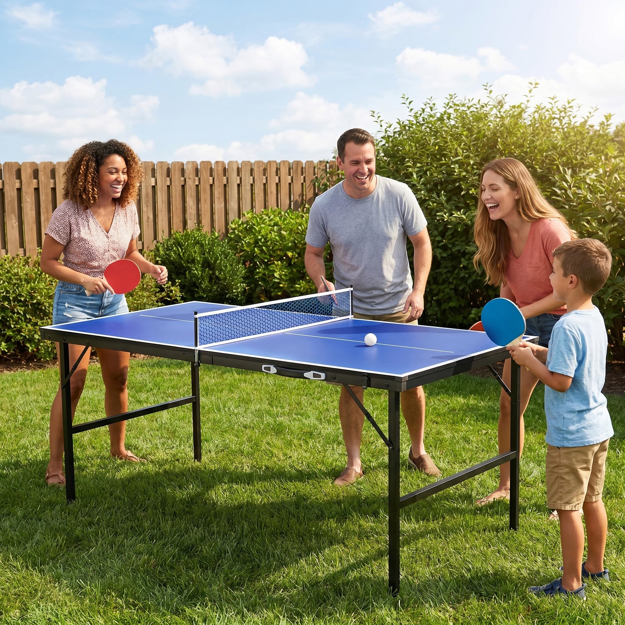 LILIIN Mini tavolo da ping pong pieghevole, design a valigetta, per interni ed esterni, pannello in MDF con rete, 2 racchette e 5 palline, borsa per il trasporto integrata, nero/blu, 152,5 x 76 cm