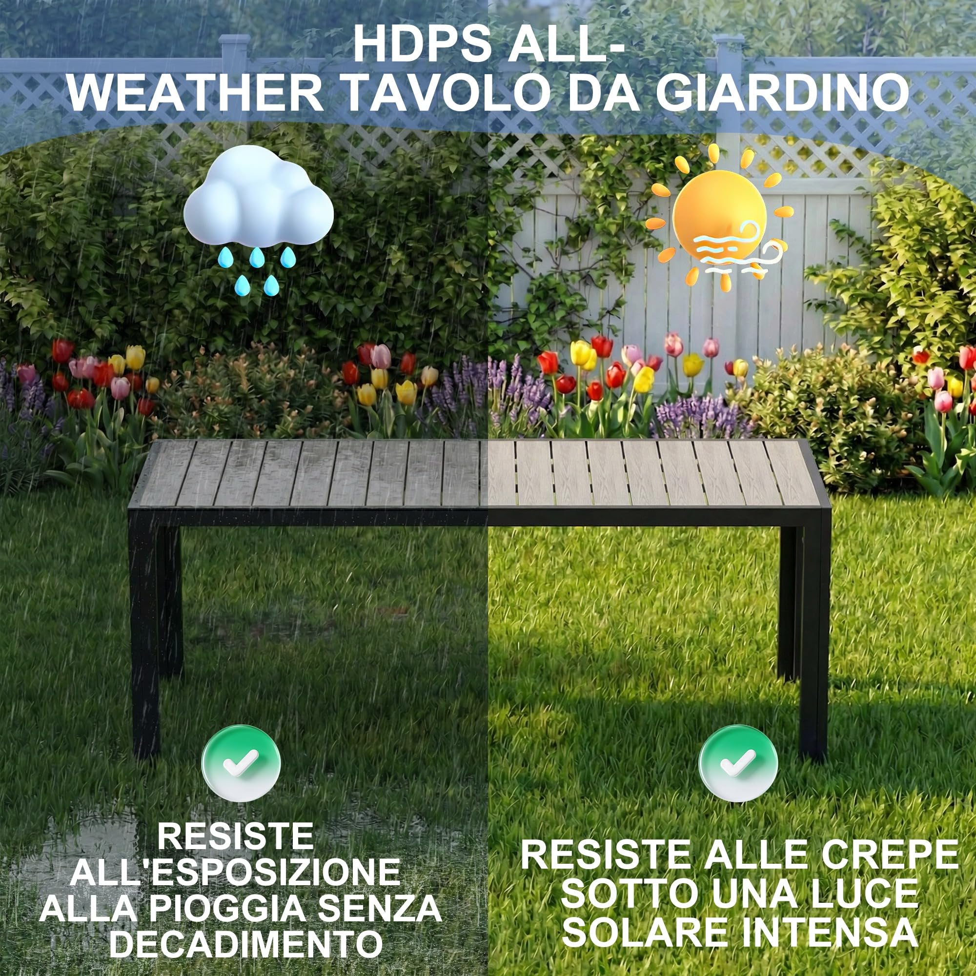 Devoko Tavolo da Giardino HDPS Resistente alle Intemperie, 189 x 80 x 74 cm Tavolino da Esterno Finitura a Vena di Legno e Facile da Manutenzionare, Tavolo da Pranzo Esterno per 6 a 8 Persone (Grigio)