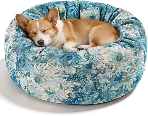 Dog Calming Beds for Small Medium Large Dogs - Round Donut Washable Puppy Dog Bed, Anti-Slip Faux Fur Fluffy Donut Cuddle Anxiety Cat Pet Bed (32" Flower)