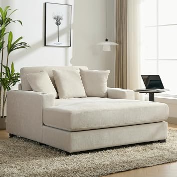 Oversized Chenille Fabric Chaise Longue Indoor, Modern Comfy Thicked Upholstered Sofa Couch with Pillows, Charge Station & Cup Holders, Comfy Reclining Sleeper Chair (Cream-1)