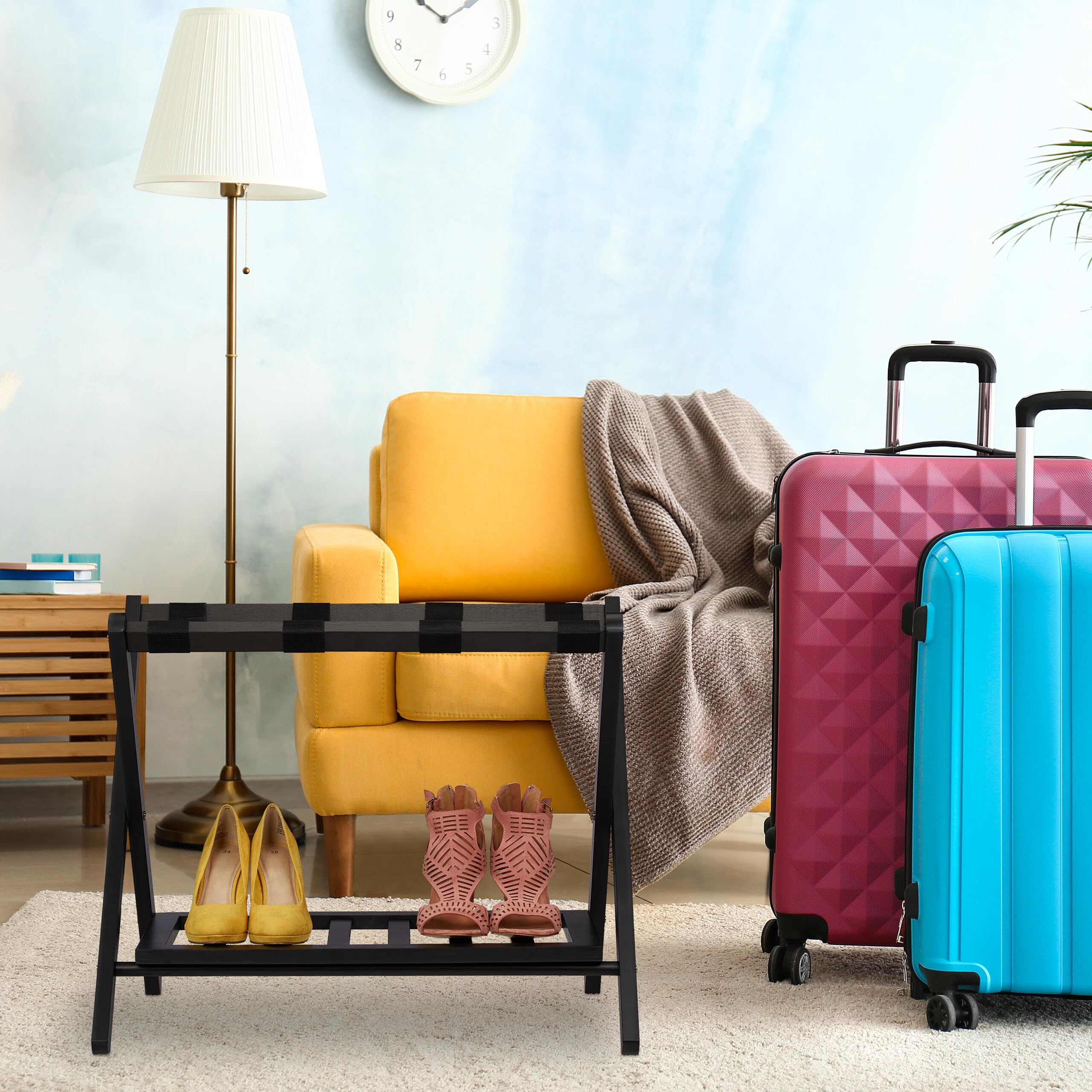 Relaxdays Pack 2 Soportes Maletas, Taburetes Equipaje Plegables, 54x66x45 cm, Portabultos Madera Hotel, 2 Baldas, Negro