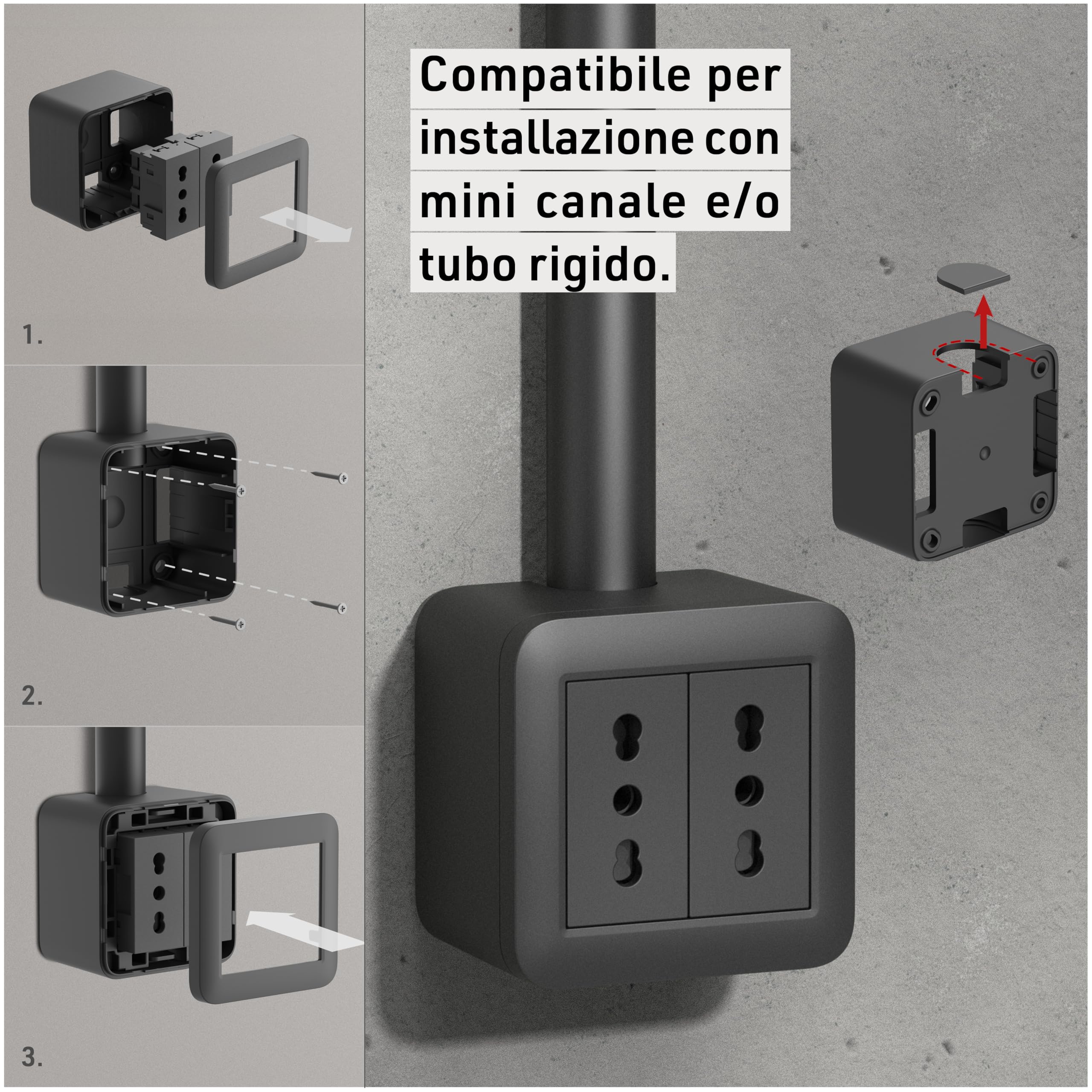 Electraline 60479 contenitore da superficie FIXA con due prese bivalenti (10/16A), Nero, IP40, compatibile per installazione con tubo rigido e canalina