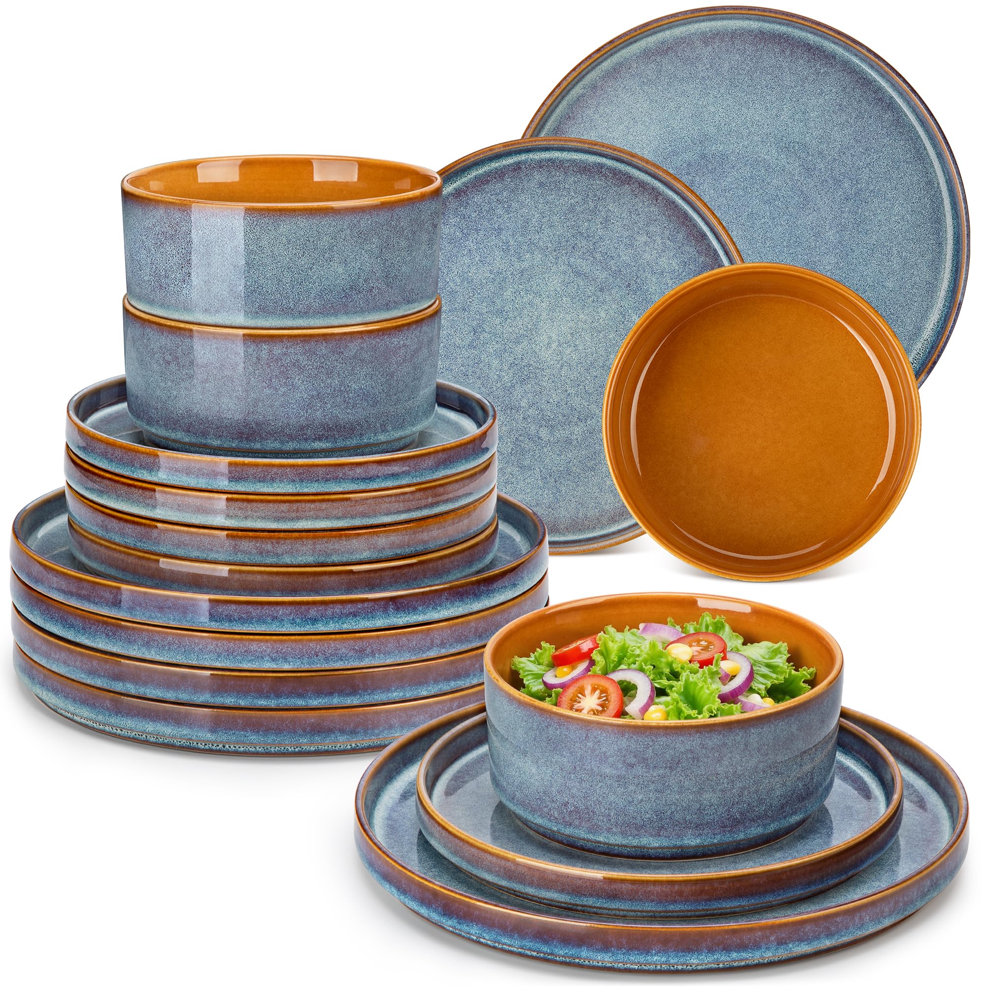 vancasso Onion Stoneware Dinner Sets for 8 People, 24-Piece Mediterranean Style Reactive Glaze Ceramic Plates and Bowls Set Crockery Sets, Blue Caramel