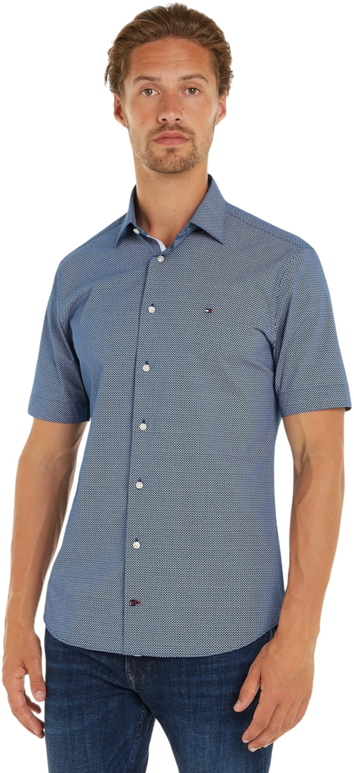 Tommy Hilfiger Camisa de Manga Corta para Hombre, Azul (Optic White / Light Blue), 37