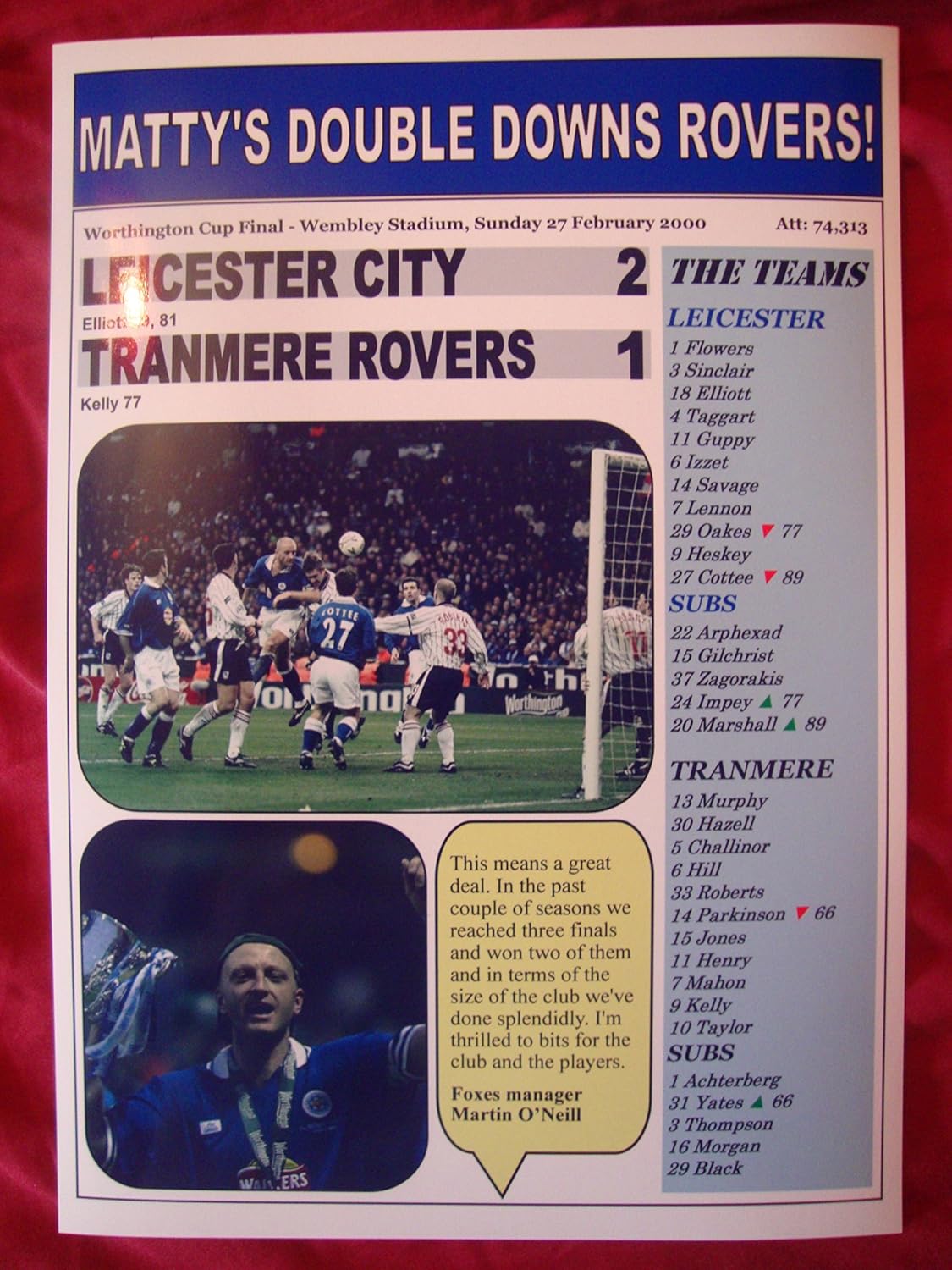 Lilywhite Multimedia Leicester City 2 Tranmere Rovers 1 - 2000 Worthington Cup final - souvenir print