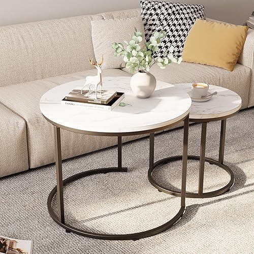 Miniatura 2 de aboxoo Juego de 2 mesas auxiliares redondas anidables para sala de estar, dormitorio, balcón, mesa de madera de mármol sintético blanco, mesa de