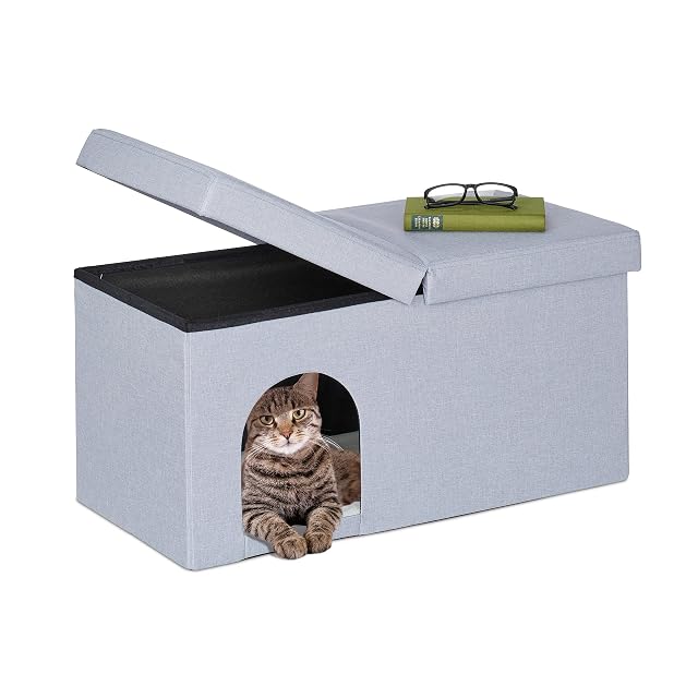 Relaxdays Casa Gato con Banco Rectangular, Cueva Gatito Plegable, Escondite Perro, Robusta, 38,5x74,5x37cm