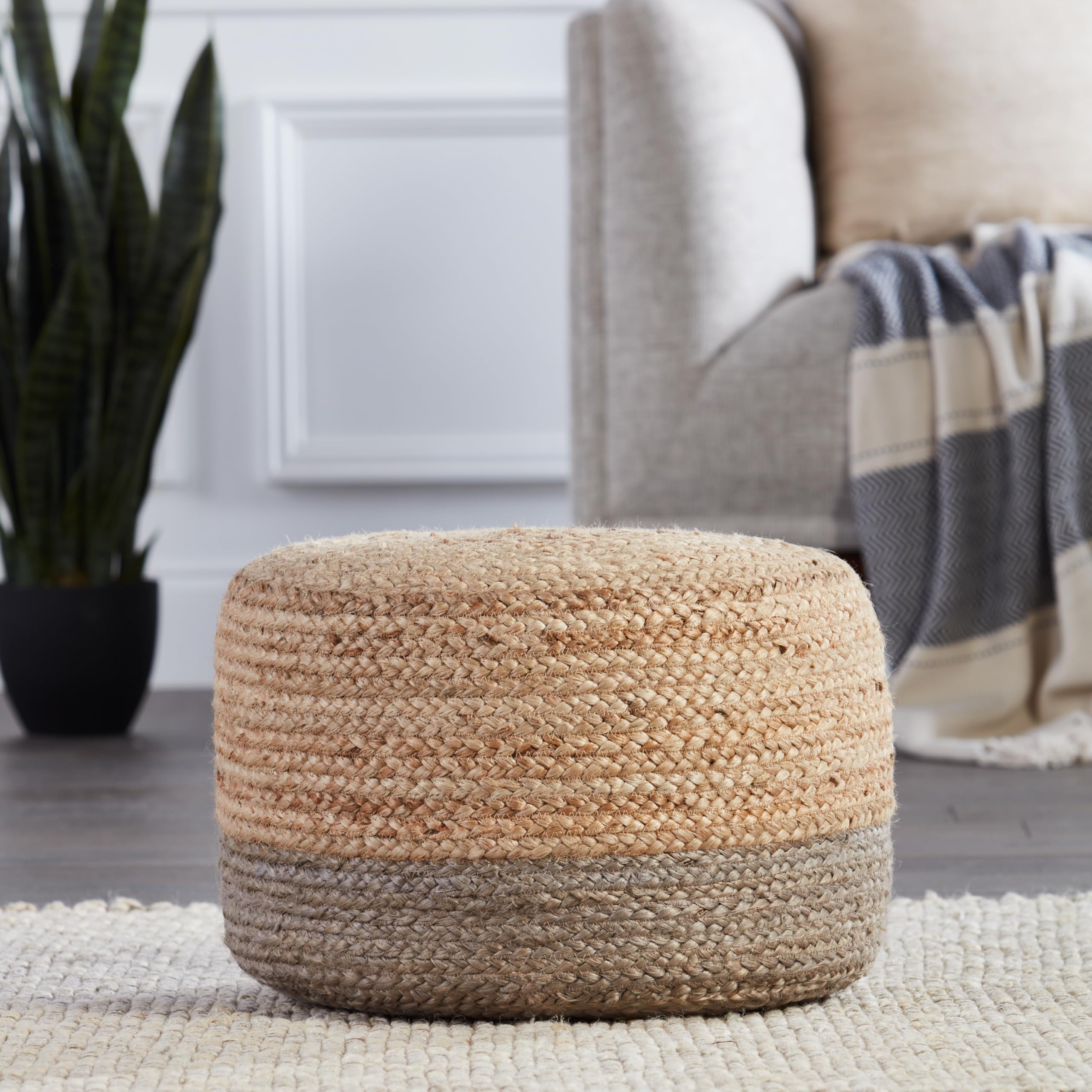 Jaipur Living, Jute Pouf, Round Stuffed Ottoman, Taupe/Beige, 18