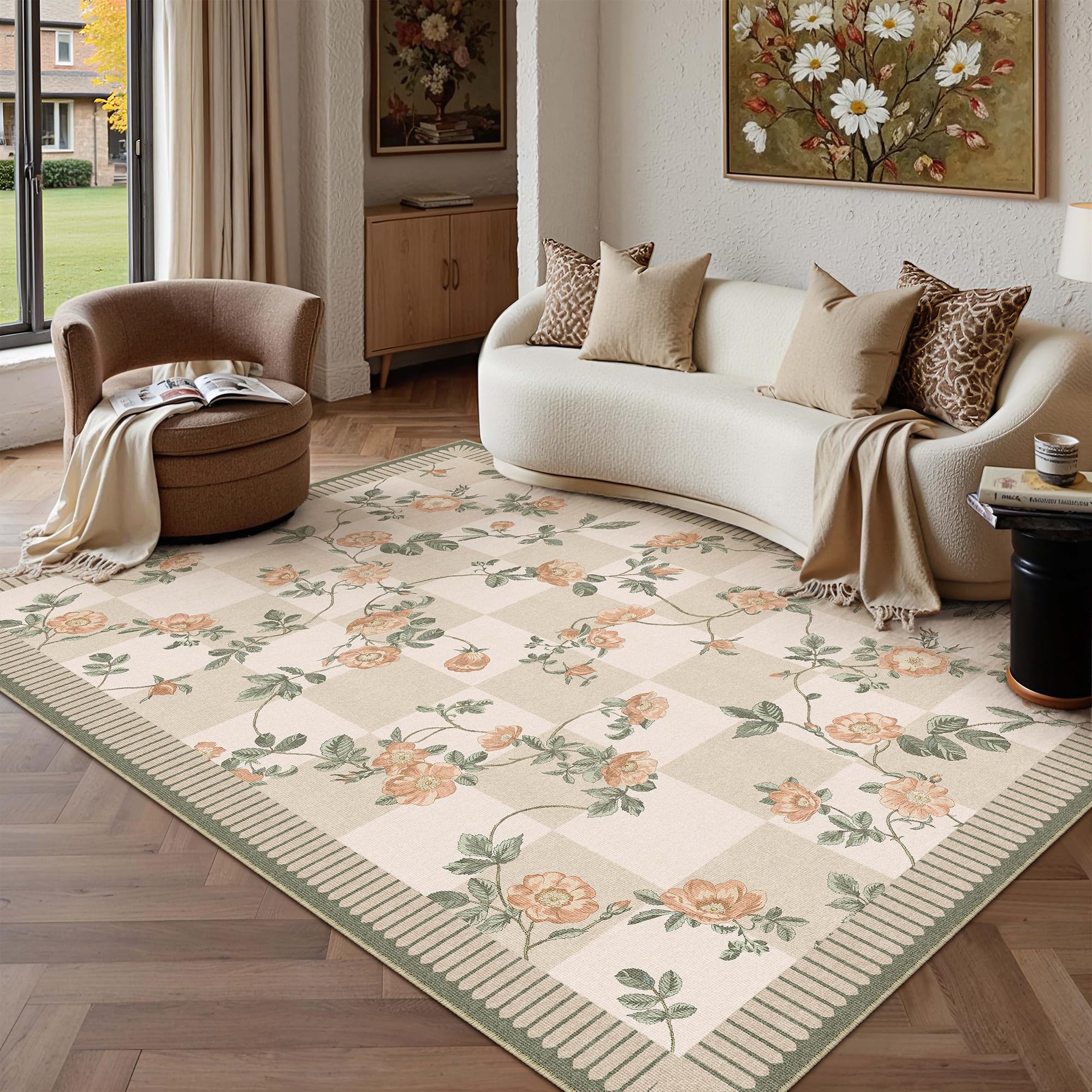 PureCozy Teppich Wohnzimmer 160x230cm Blumenmuster Blumen Kariert Waschbarer Rugs for Living Room Weich rutschfest Tepich Kurzflor Schlafzimmer Carpet Esszimmer Bedroom Teppiche Büro, Beige&Grün