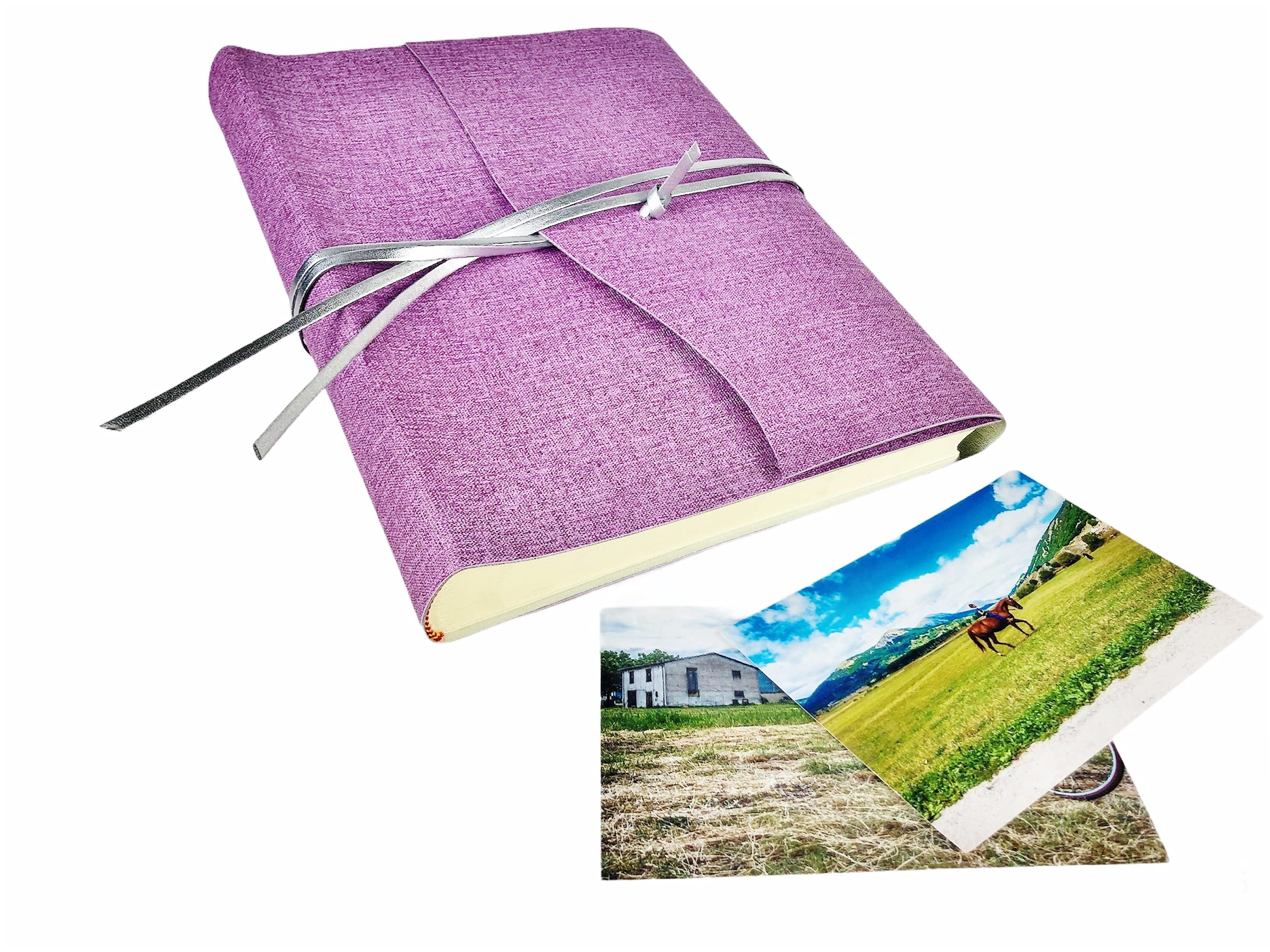 TriVin Art Álbum de fotos artesanal fabricado en Italia en piel sintética efecto tela bicolor, 23 x 30 cm, 40 hojas marfil (80 caras) ideal para cualquier evento (púrpura, interior plateado)