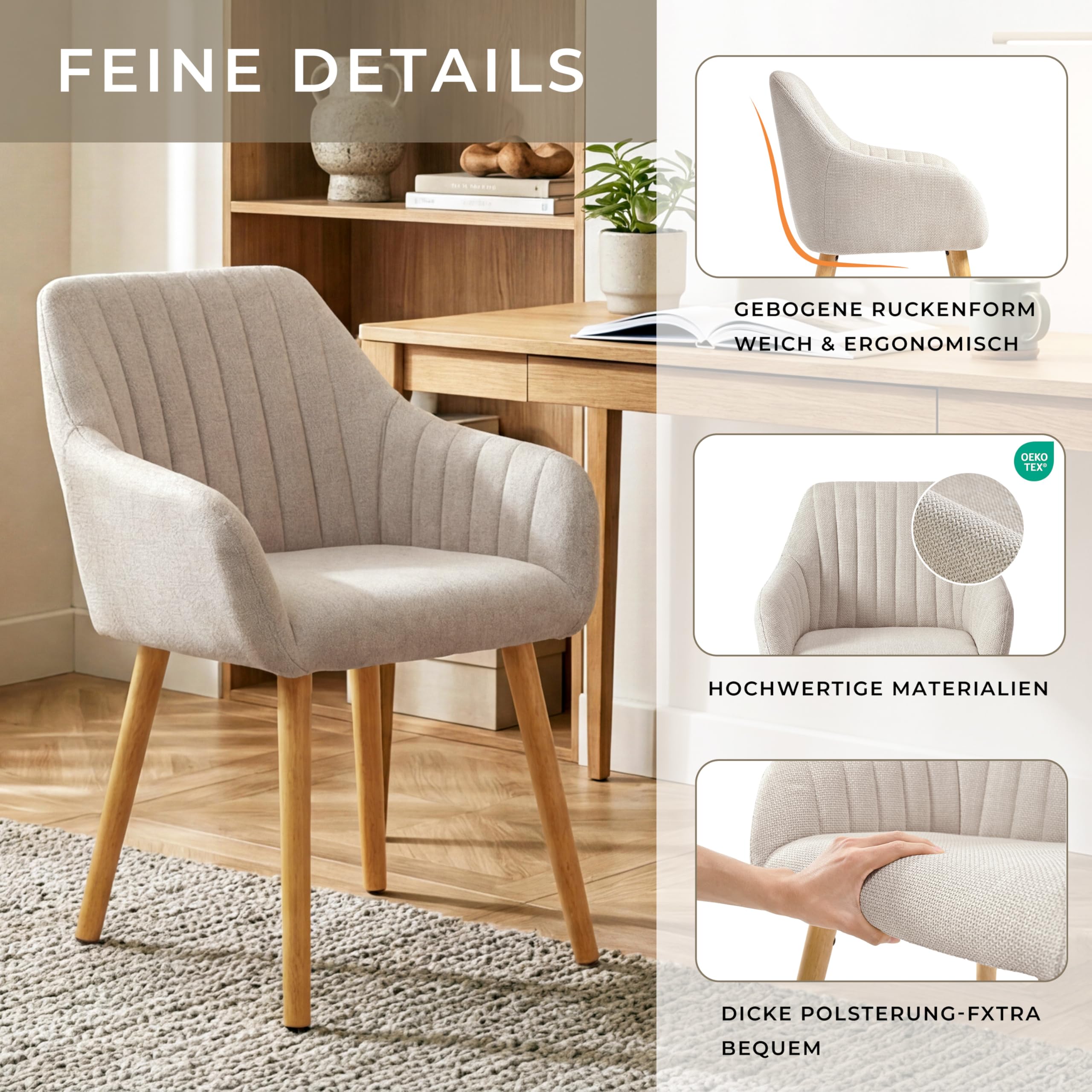Lot de 4 Chaises Fauteuil Salle à Manger Chaises Beige avec Accoudoirs rembourrée en Polyester avec Pieds en Bois pour Salon Cuisine et Bureau