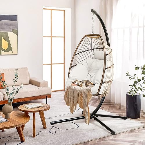 Devoko Silla de huevo colgante para interiores y exteriores, con soporte, hamaca de patio, silla de mimbre de ratán, cojín suave para dormitorio,