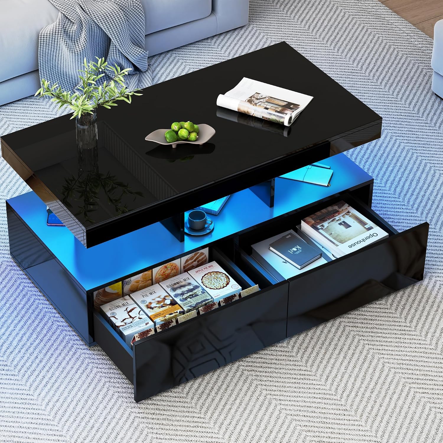 BRILVERDE High Gloss Coffee Table Living Room Table with 16-Colour LED and 2 Drawers Modern Sofa Table with Storage Space Side Table with 5 Shelves Black 104 x 53 x 46 cm