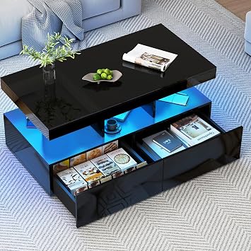 BRILVERDE High Gloss Coffee Table Living Room Table with 16-Colour LED and 2 Drawers Modern Sofa Table with Storage Space Side Table with 5 Shelves (Black 104 x 53 x 46 cm)