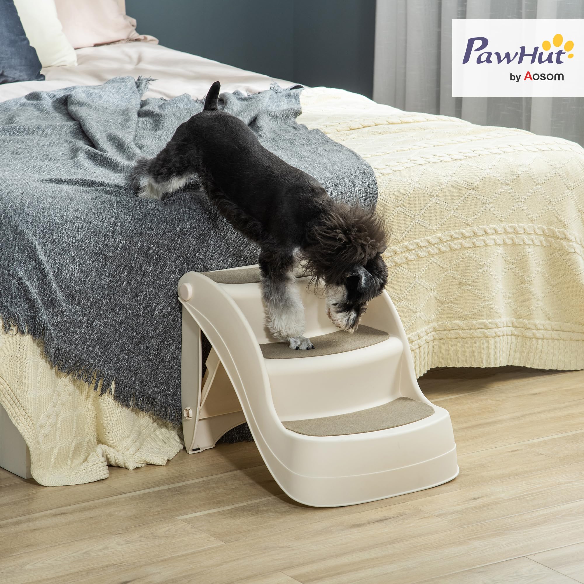 PawHut Scaletta per Cani Pieghevole con 3 Gradini Antiscivolo, Scala per Animali Domestici, Cuccioli, Gatti, in PP, 49x38x38 cm, Beige