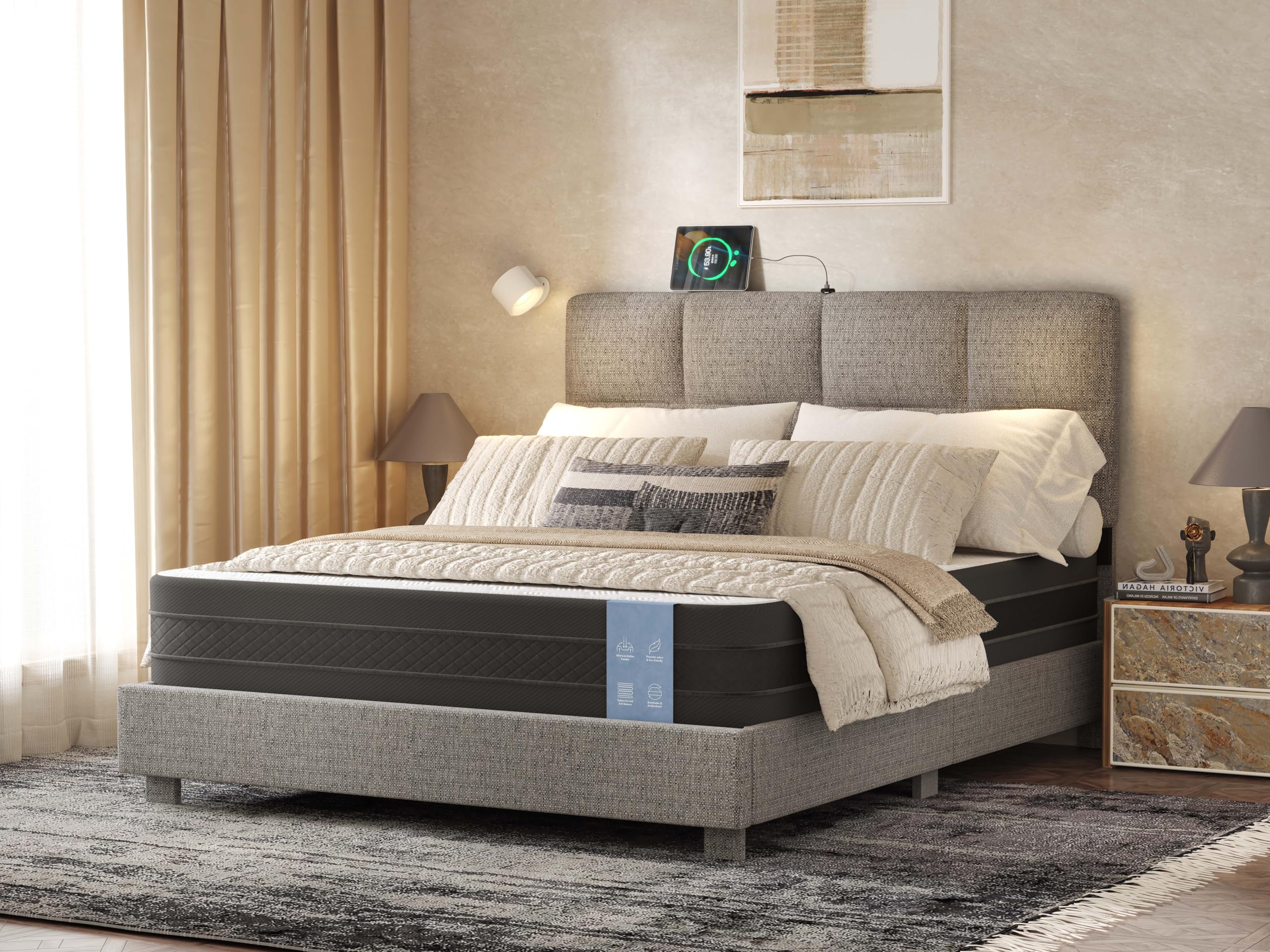 FLEXISPOT Square Tufted Upholstered Bed Frame & Bamboo Gel Memory Foam Mattress, Queen – Adjustable Headboard，USB/Type-C, CertiPUR & Oeko-TEX & SGS