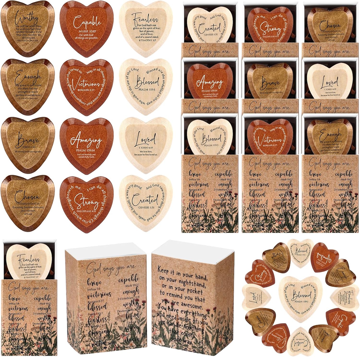 24 Sets Multicolor Christian Gift Bulk God Say You Are Wooden Religious Pocket Hug Heart Bible Verses Pocket Hug Token God Blessed Party Favors Church Scripture Gifts for Coworker Employee