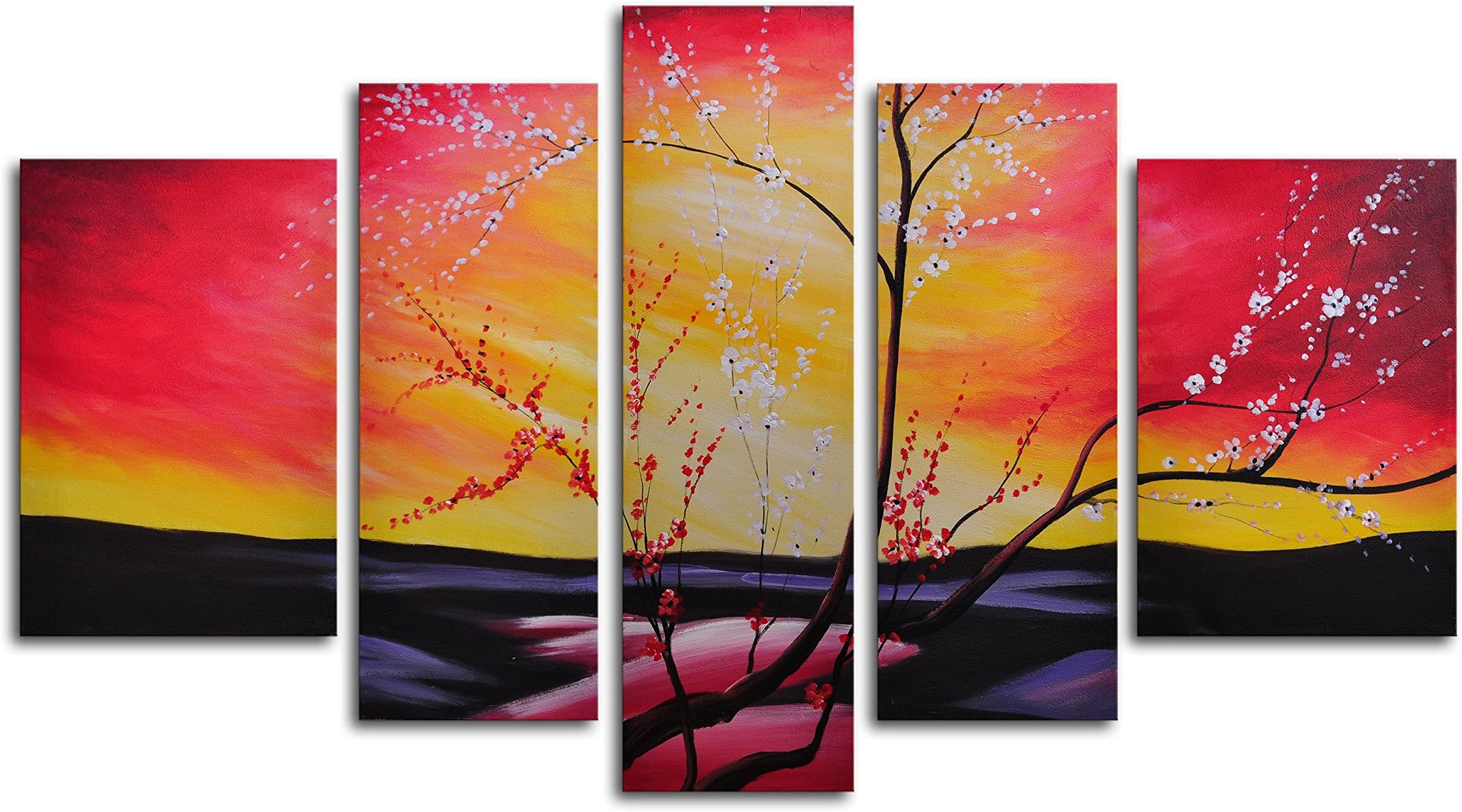 TJie Art Hand Painted Mordern Oil Paintings The Great Beyond 5, For indoor use 5-piece wall art in classic style, Hand-painted artwork on canvas, Landscape theme in a mix of yellow red and pink, Dimensions: 68W x 40H in.