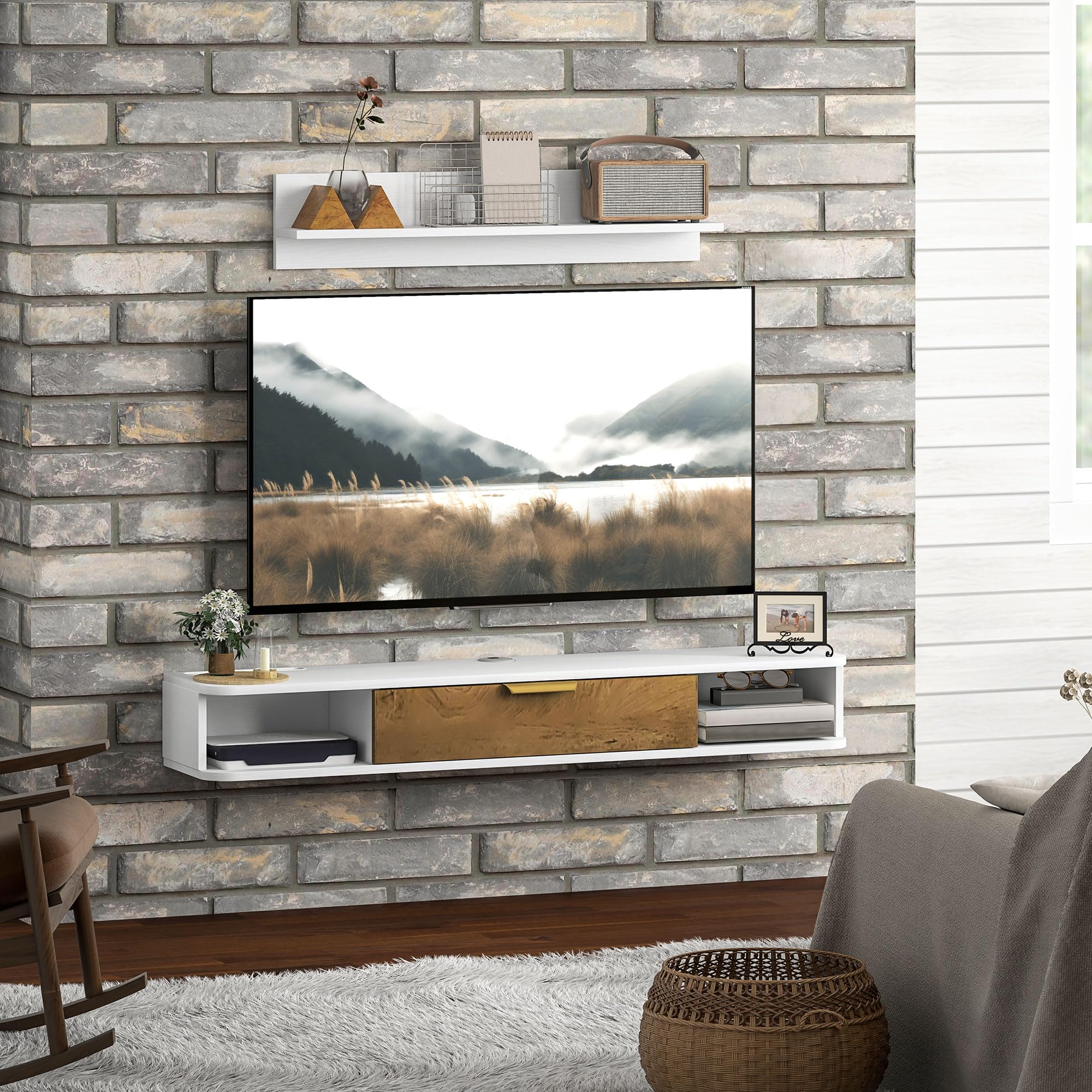 HOMCOM Conjunto de Muebles de Salón, Muebles de TV con Estante de Pared, Puerta, Estantes Abiertos, Orificios para Cables, para Televisión de Pared, 120x24x16 cm, Blanco