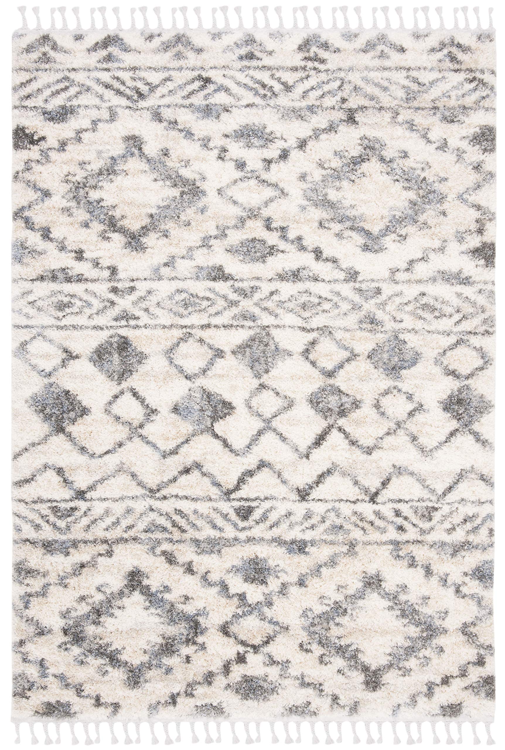SAFAVIEH Tapis Shag pour Salon, Salle à Manger, Chambre à Coucher - Berber Fringe Shag Collection, Tapis à Poil Court, Crème et Marine, 183 X 274 cm