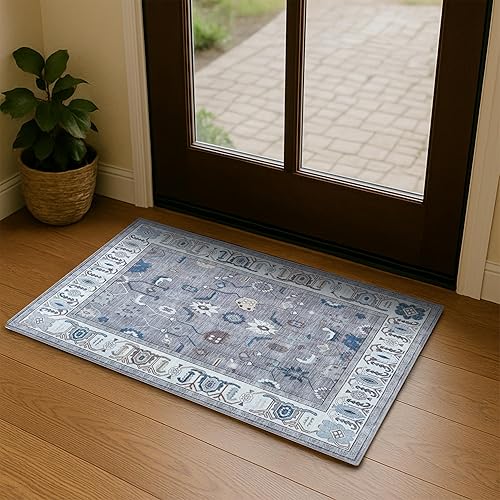 Miniatura 34 de Fame Living Alfombra Azul Marino Oushak, Moderna, Vintage, Turca, Ecléctica, Floral, Pastel, Lavable, Alfombras de Área Extra Grandes para Sala