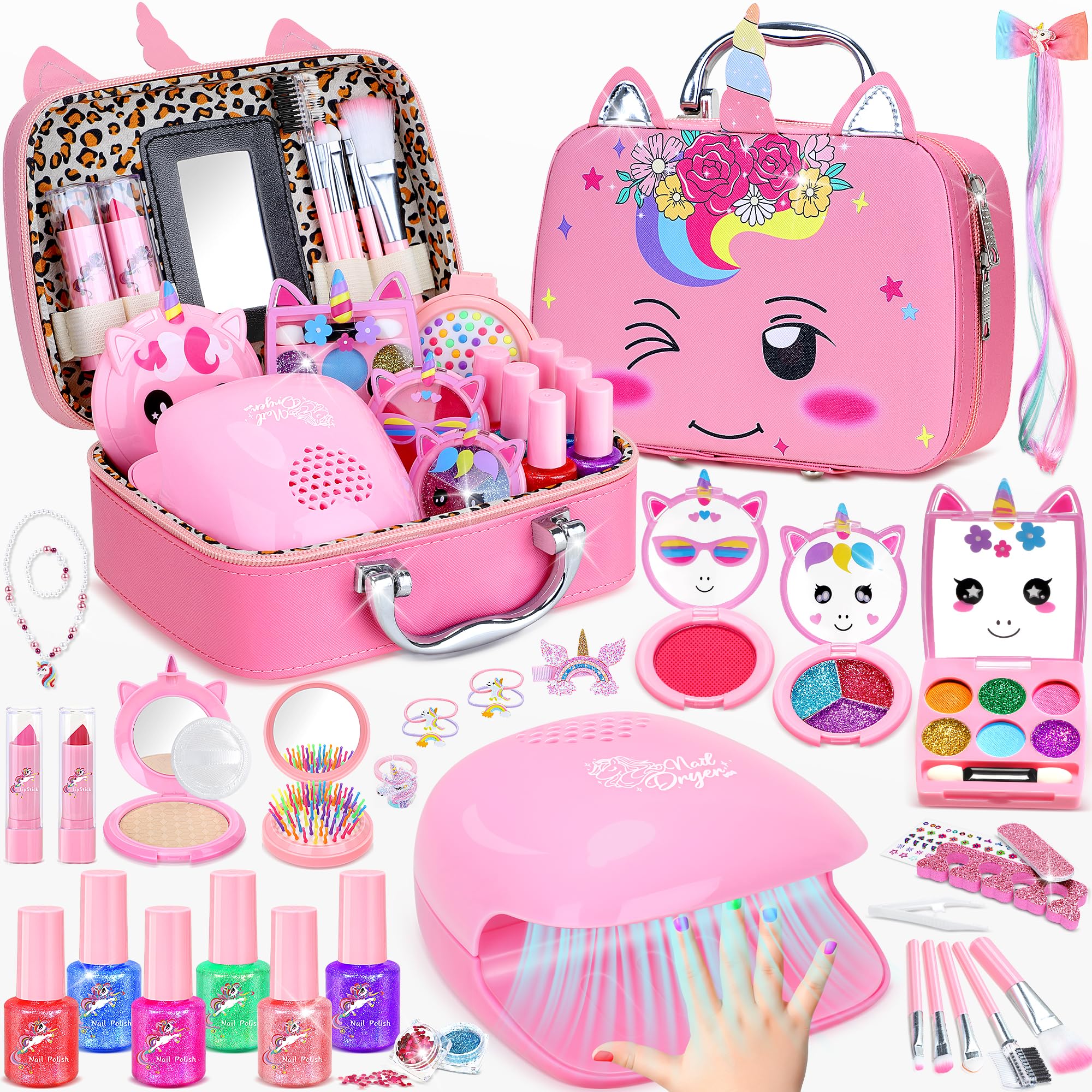 Kids Nail Polish Set for Girls,Kids Makeup Kit for Girls Non-Toxic Quick Drying,Christmas Birthday Gifts,Unicorn Gift for Girl,Princess Dress Up Toy Age 3+(Unicorn Pink)