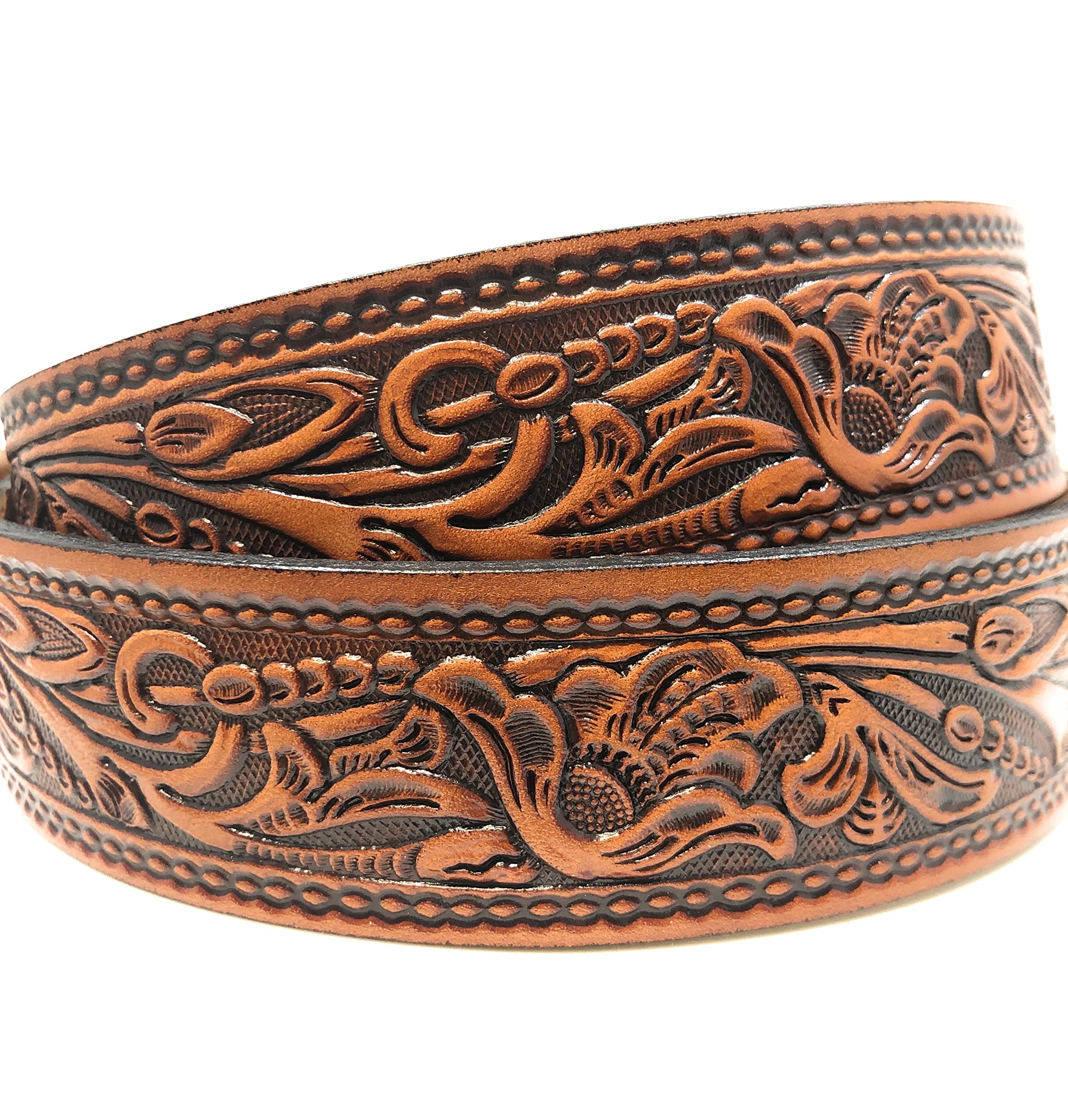Bama Belts and Leathers Leather Belt Floral Western Oak Leaf Design with Praying Cowboy Buckle Size 30-52 (30)