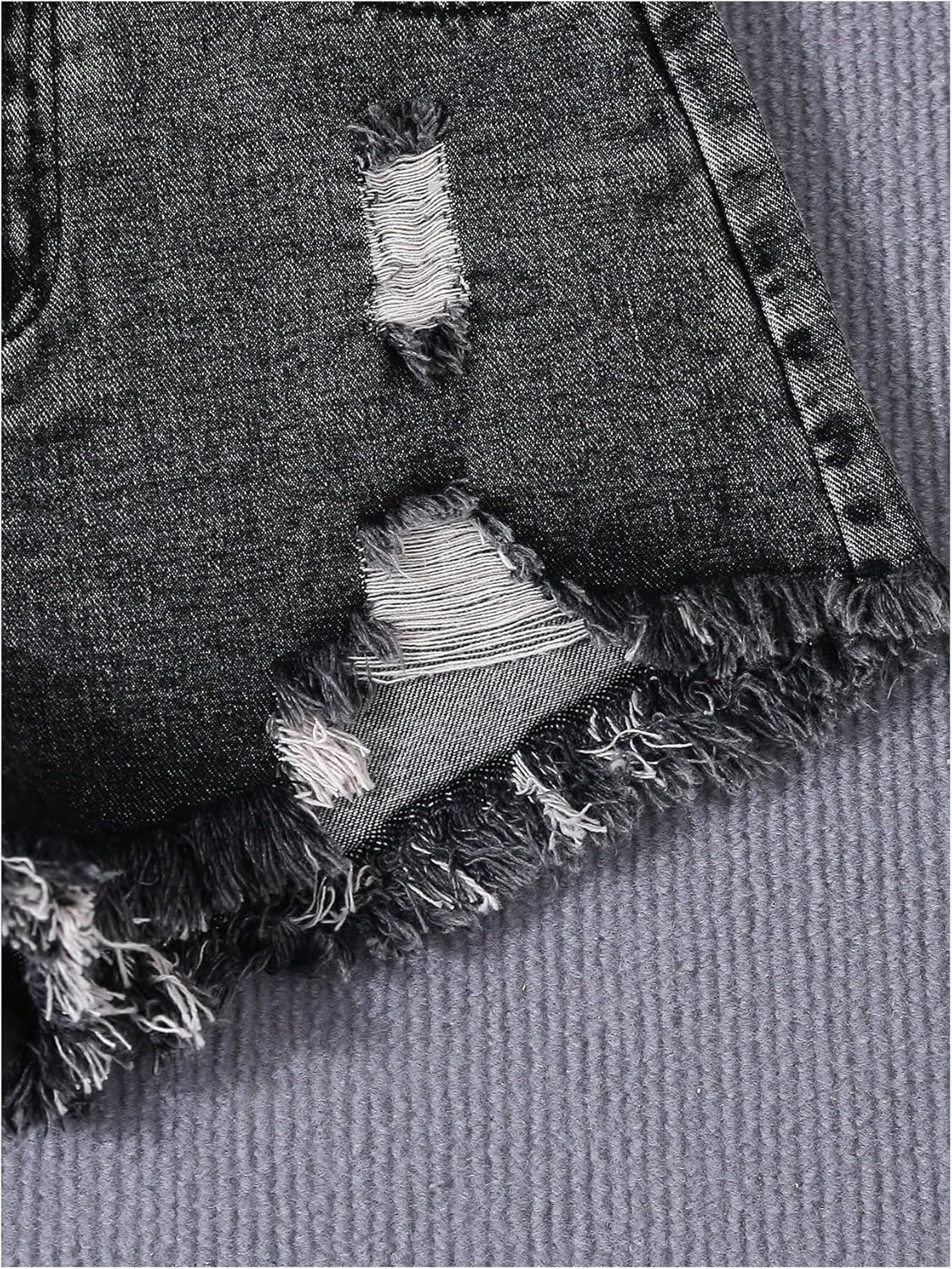 Girl's Ripped Raw Hem Straight Leg Jean Shorts Elastic Waist Zipper Fly Denim Shorts - Image 5