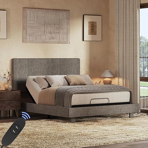 Miniatura 12 de FLEXISPOT Cama ajustable todo en uno Queen con base de cama tapizada de terciopelo, cabecera acanalada de canal vertical, elevación de cabeza y