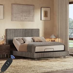 FLEXISPOT Queen Adjustable Bed with Velvet Upholstered Frame, Dark Grey