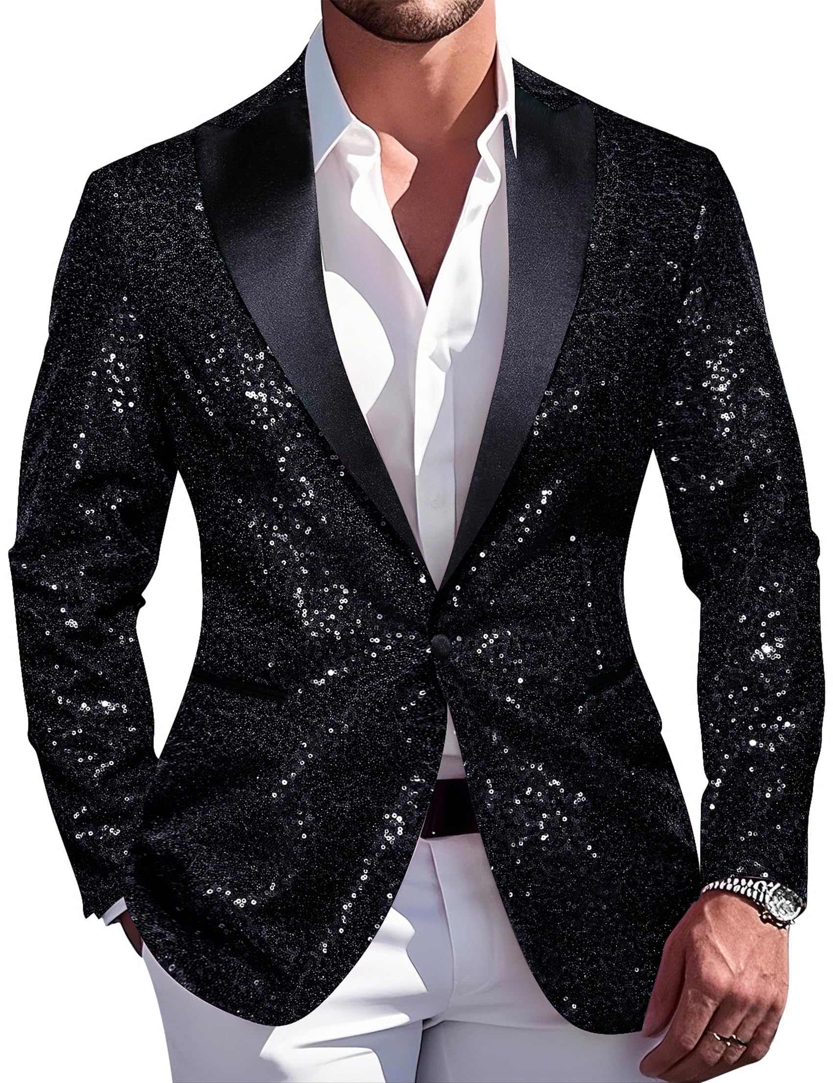 Barry.Wang 70s Disco Sequins Blazer Mens Sparkle Metallic Suit Jacket