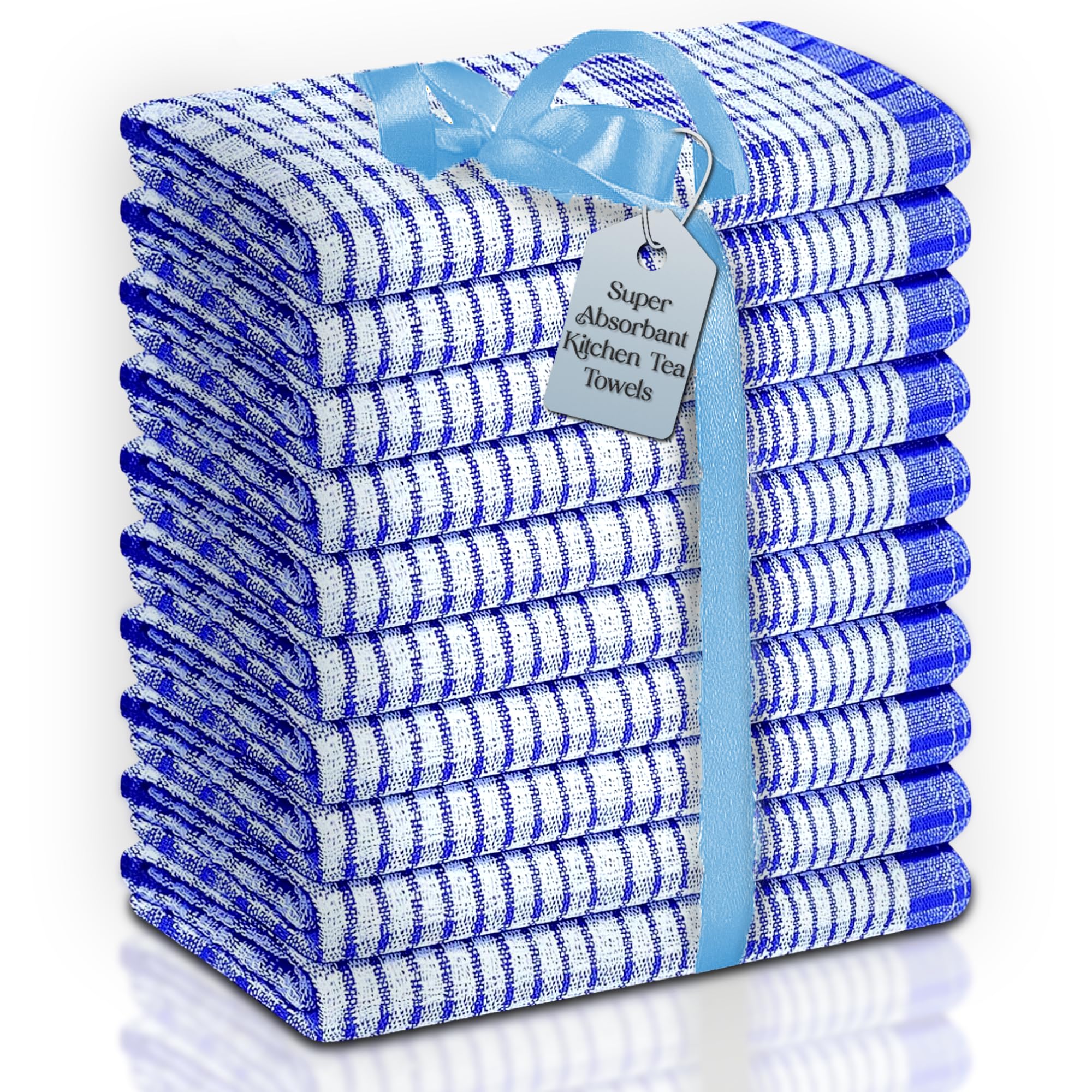 BellaTela Wonderdry Large Cotton Tea Towels for Kitchen (50 x 75cm) Pack of 10 - Super Absorbent, Quick Drying & Long Lasting - Premium Cotton Kitchen Towels - Suitable for Home, Catering, Bars (Blue)