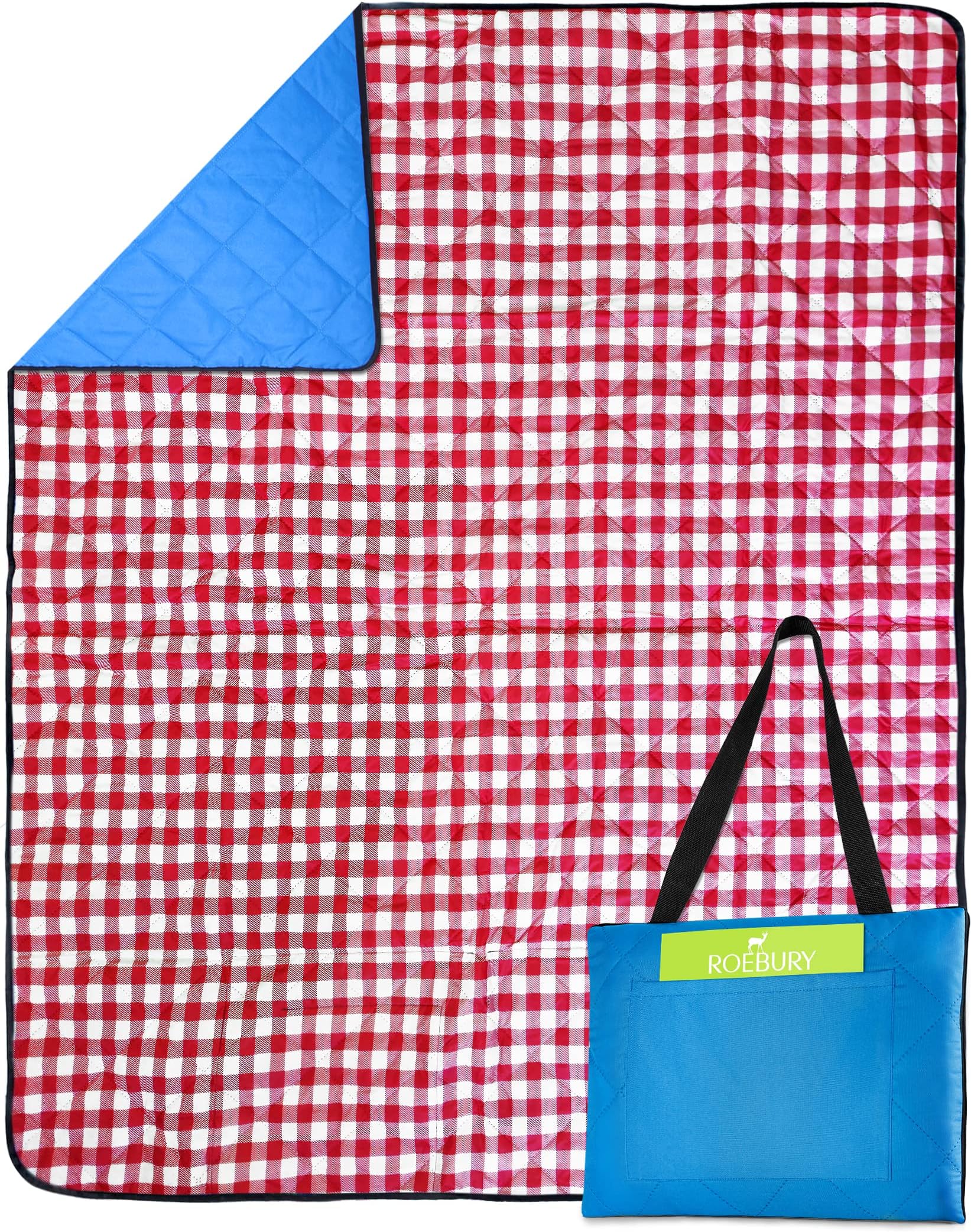 Beach Blanket Sand Proof & Outdoor Picnic Blanket - Water Resistant, Large Mat for Camping or Travel. Washable, Foldable, Easy Carry Compact Tote Bag (Checkered Red/White)