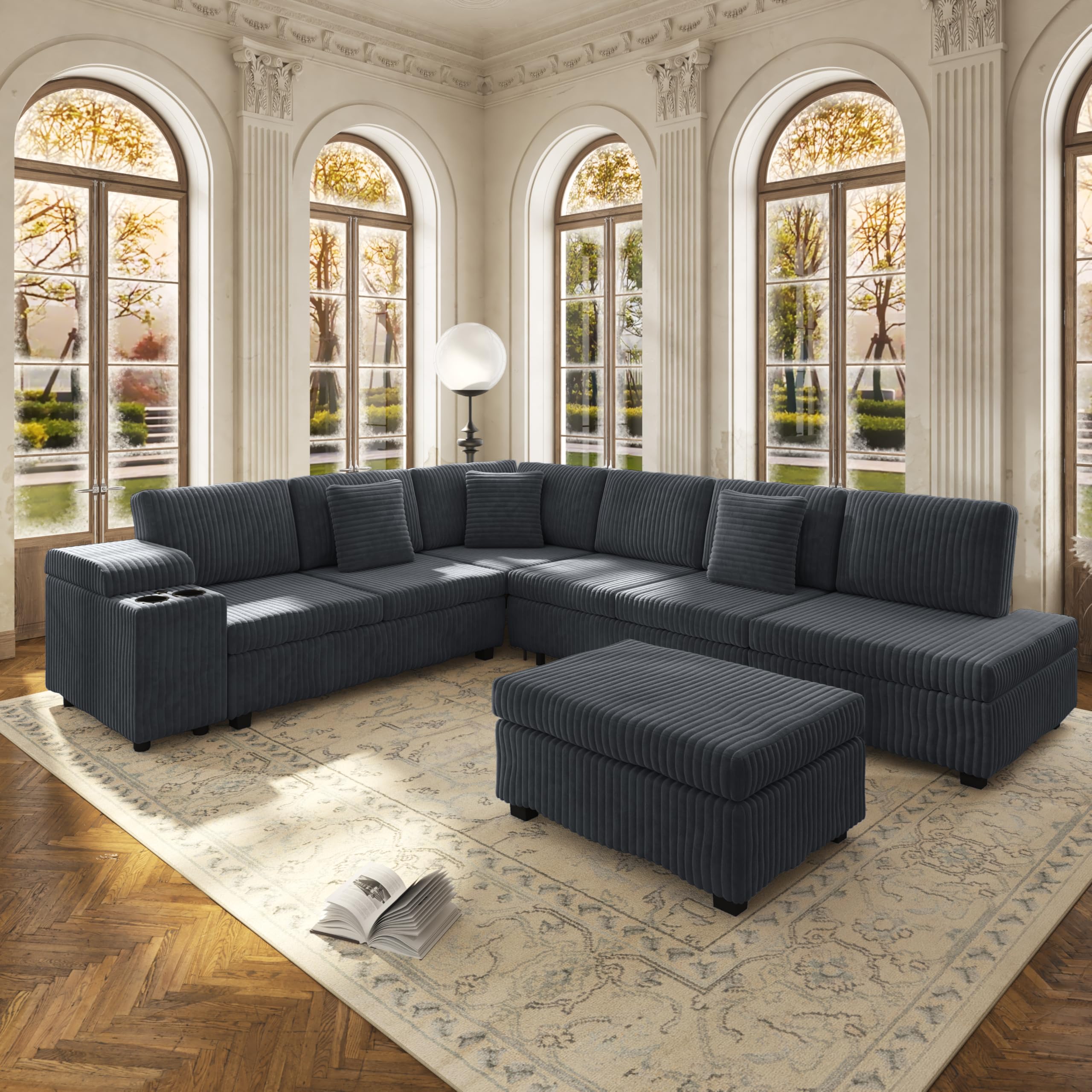 View 1 of *** USED/ BOXES, ONE, TWO, THREE ONLY/UNKNOWN MISSING HARDWARE OR PARTS***KEIKI 110" L-Shaped Oversized Plush Corduroy Modular Sectional Sofa with Pull-Out Bed, Convertible 6-Seater Sleeper Couch Bed with 1 Ottomans & USB & Cup Holders, Easy Assembly, for