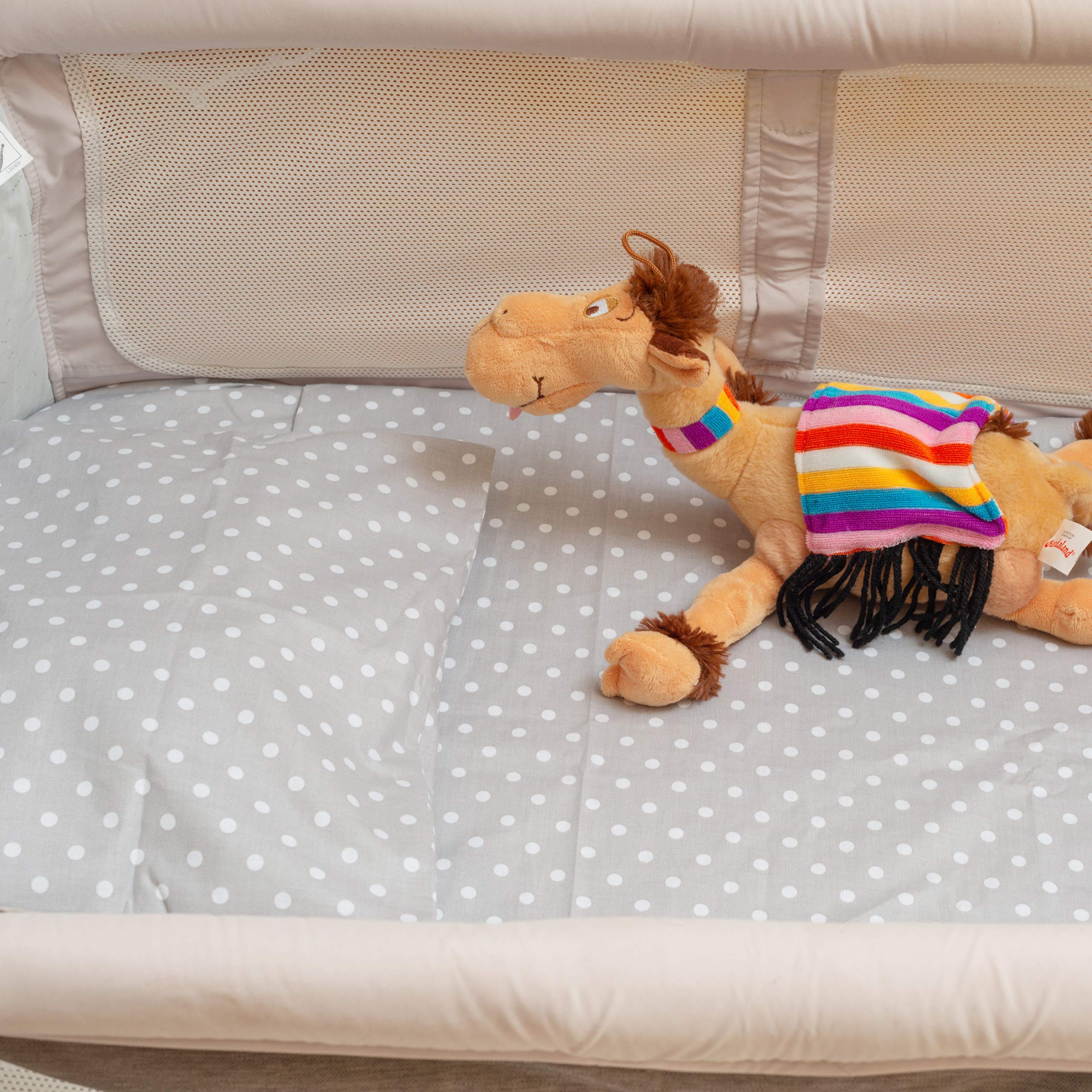 CangooCare© Set Lenzuola 4 Pezzi Compatibile Next2Me, Culle Cosleeping, Carrozzina, 100% Cotone, 2 Lenzuola Con Angoli, 1 Lenzuolo Sopra, 1 Federa (Pois Grigi)