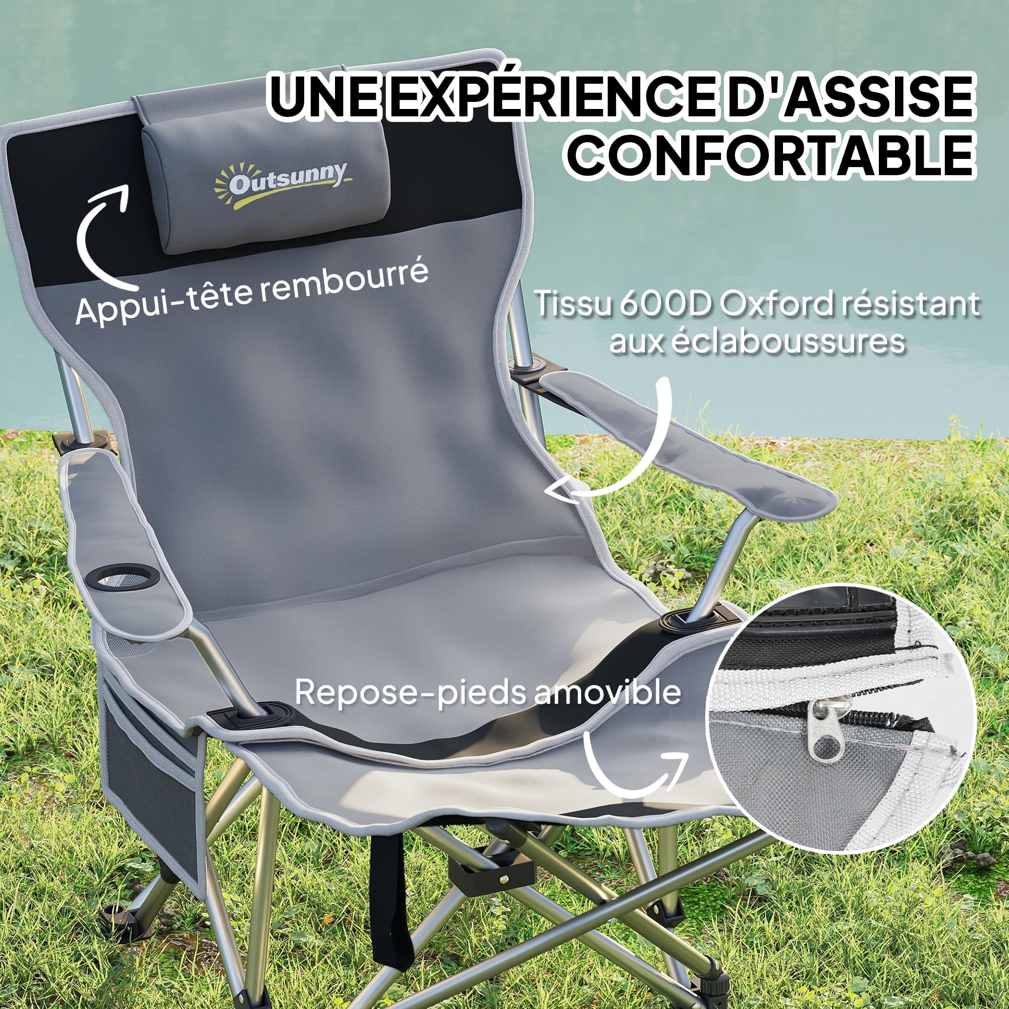 Chaise Pliante De Camping Avec Siège Rembourré - Porte-gobelets Et Poches - Sac De Transport Inclus - Noir