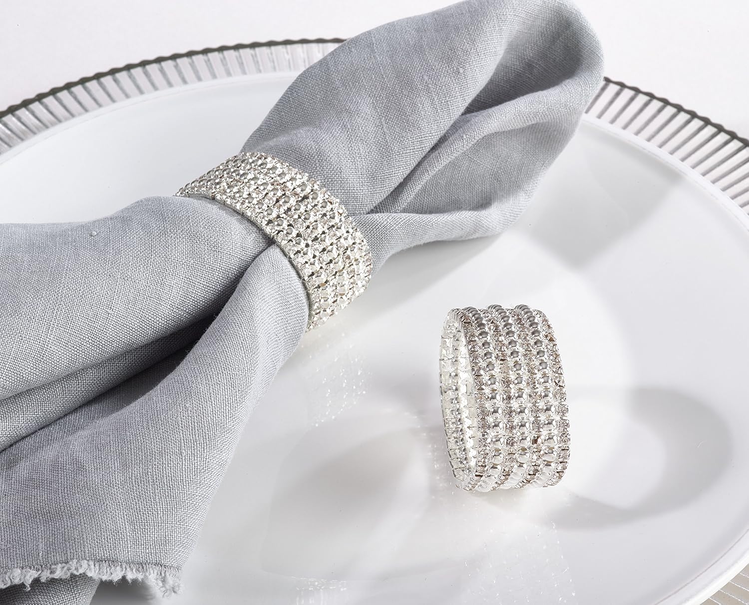 New Deal SARO LIFESTYLE Glass Stone Jeweled Napkin Ring - Set of 4, Silver