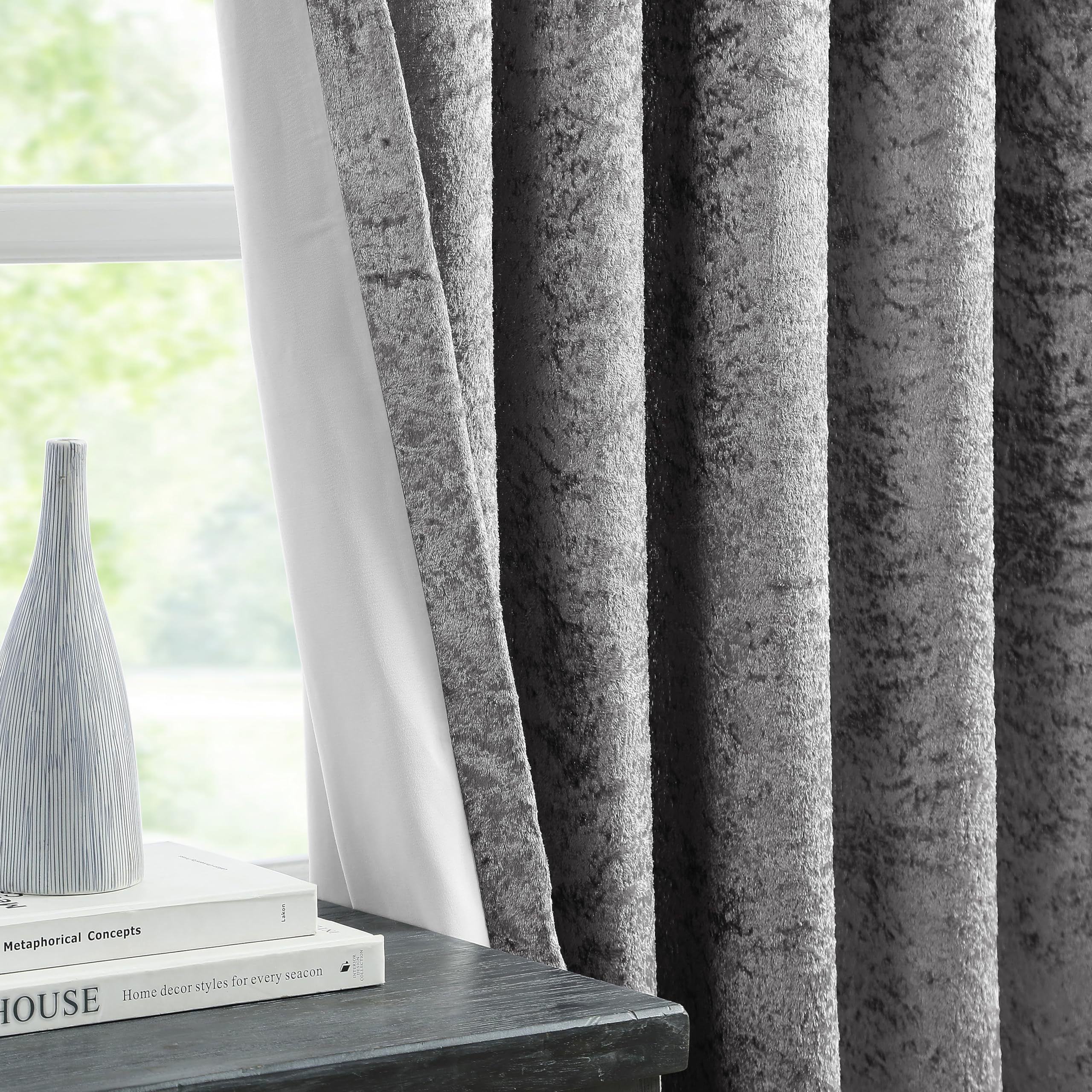 Bujasso Charcoal Full Blackout Curtains 54 inch Eyelet Crushed Velvet with Blackout Lining Drapes for Living Room Bedroom Thermal Insulated Room Darkening Curtains 2 Panels Grommet Top W46xL54