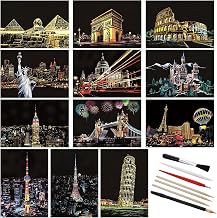 12 Sheets Scratch Painting Rainbow Paper, Sketch Pads DIY Art Craft City Series Night View Scratchboard Craft Art Kits with 6 Tools for Adults Kids Halloween Christmas(7.8 X 5.5 Inches(Style A))