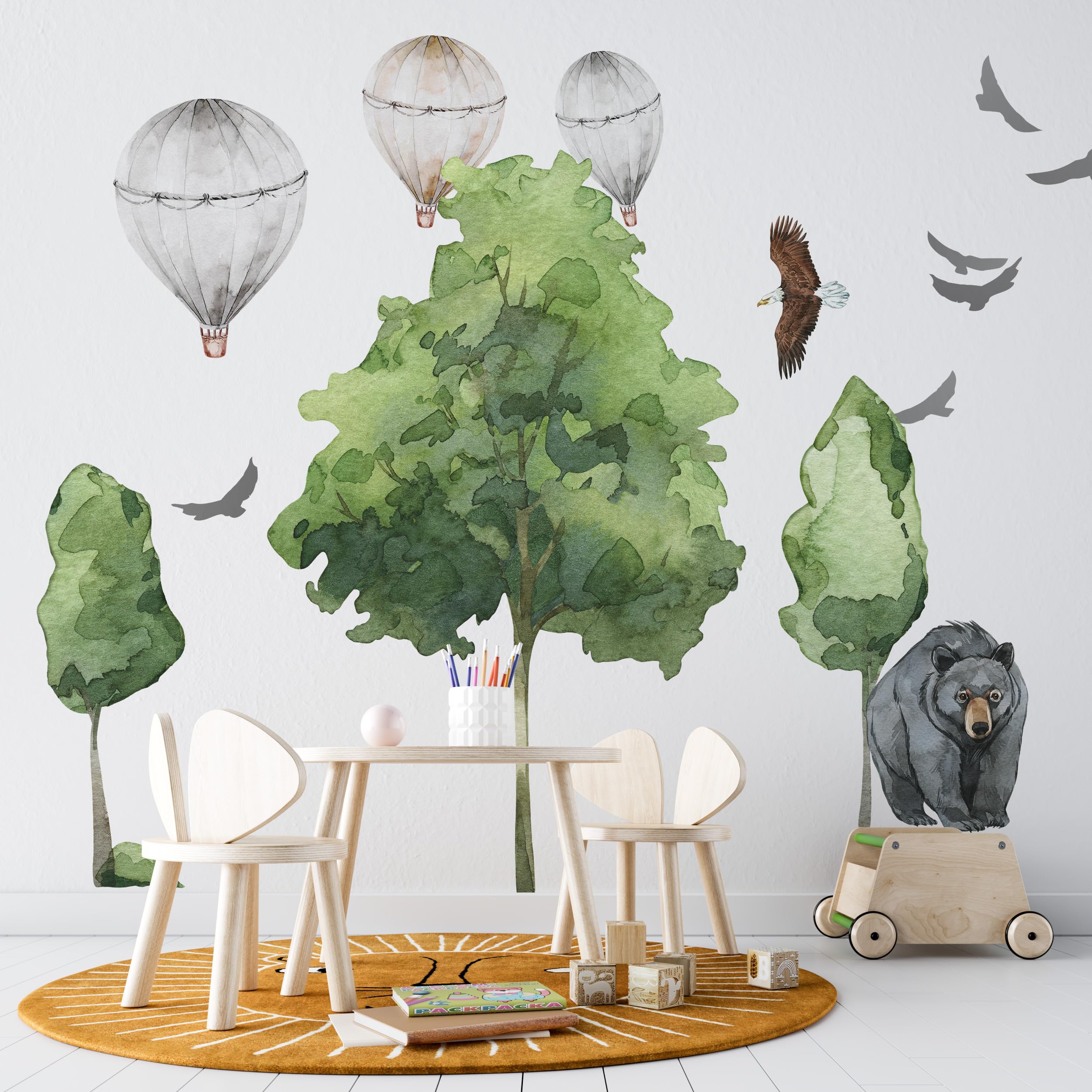 Animaux aquarelle en montgolfière, grand sticker pour deco chambre
