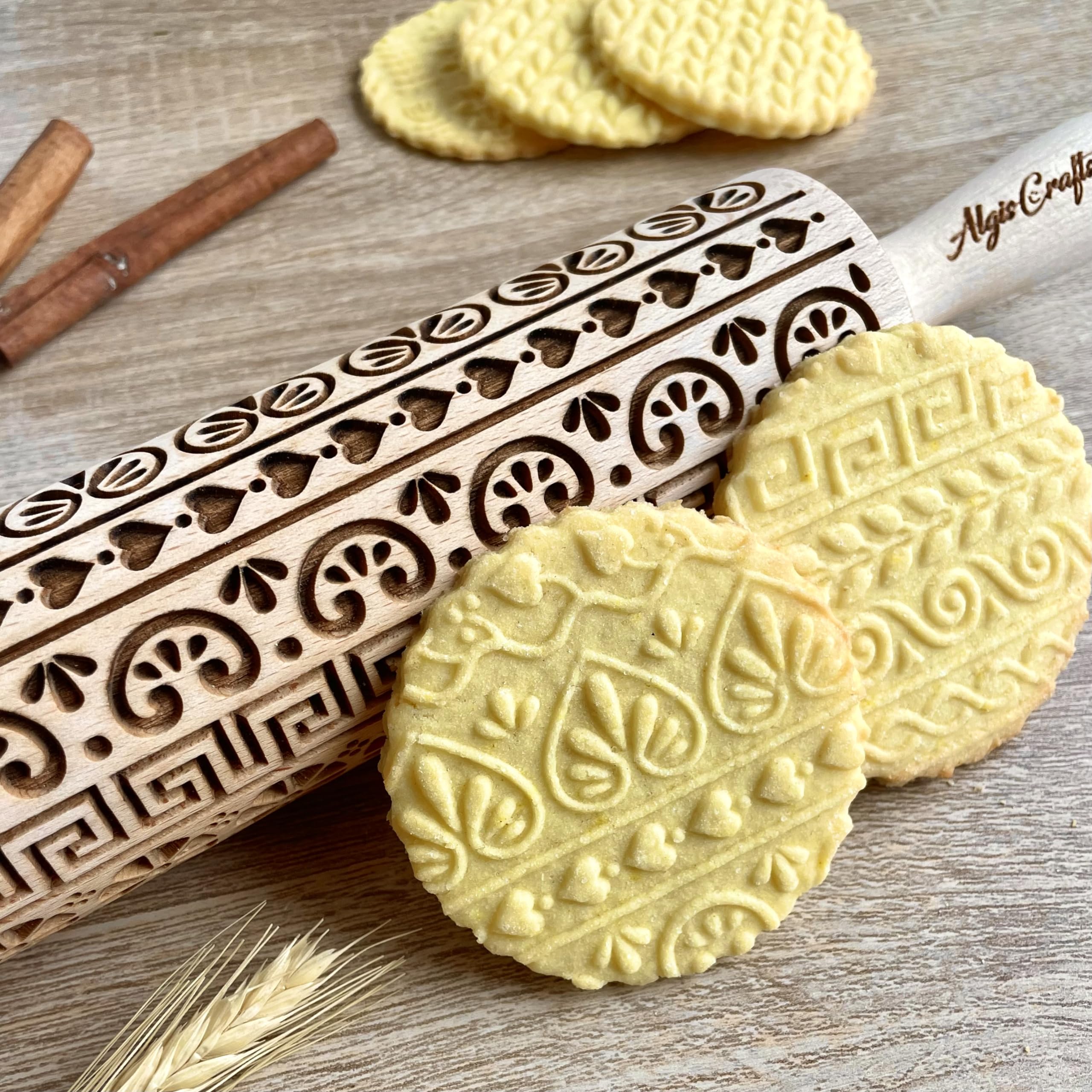 GREEK Embossed Rolling Pin. Wooden Rolling Pin with Greek Pattern for Embossed Cookies by Algis Crafts, Beige - Image 2
