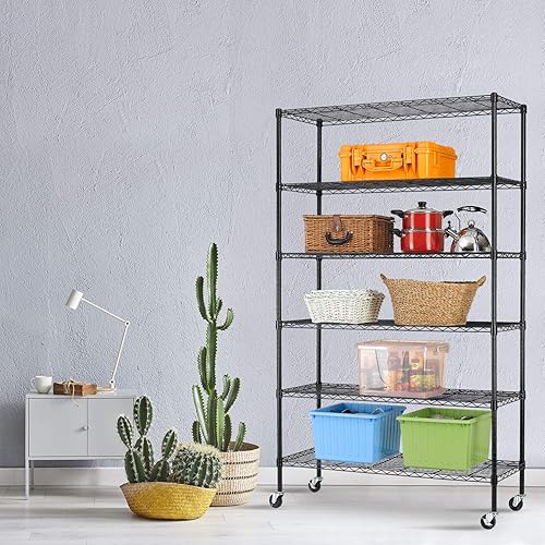 Miniatura 7 de HCY Estante de almacenamiento de 6 niveles, estantería resistente, estante de metal ajustable en altura NSF con ruedas para lavandería, baño,