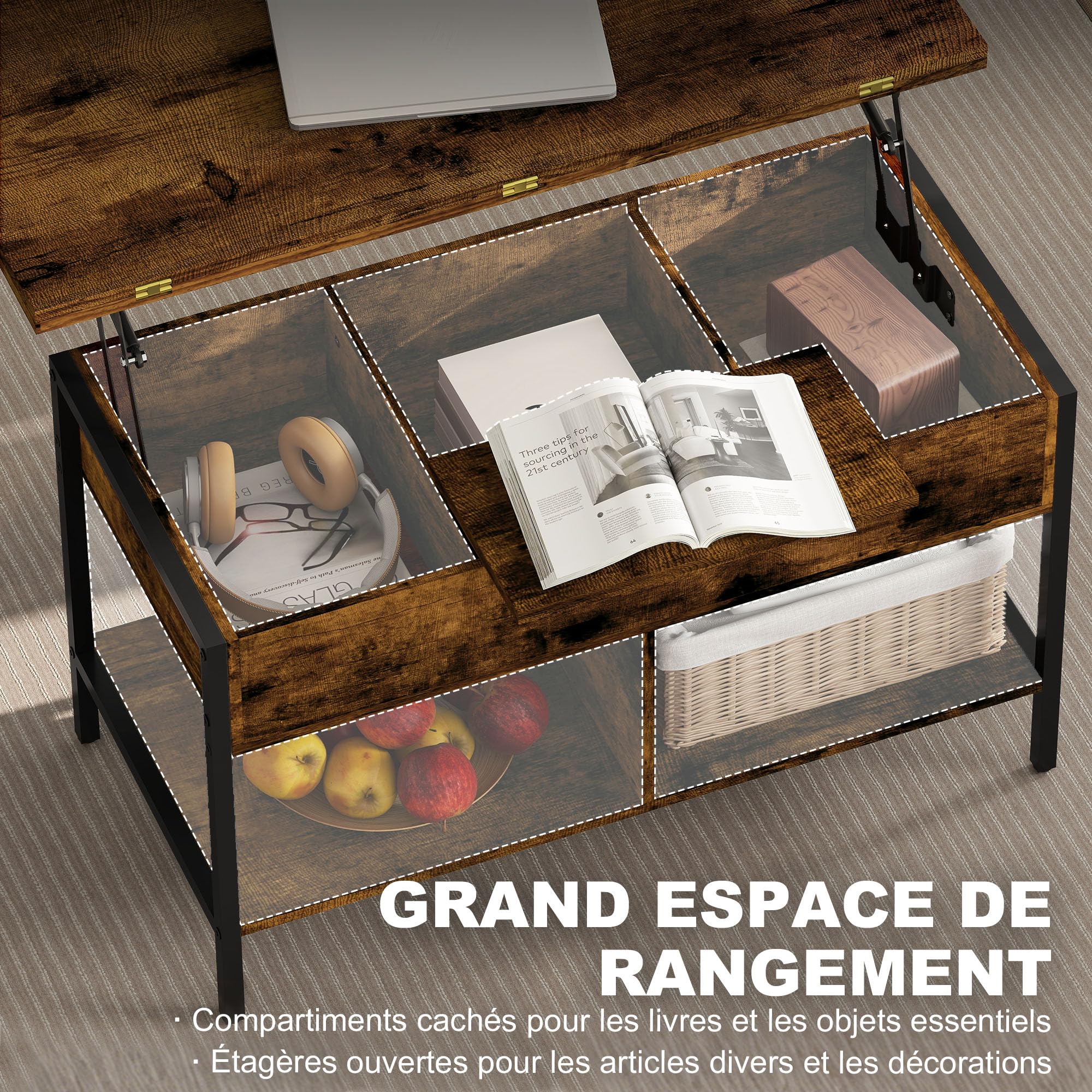 Table Basse Relevable Et Extensible HOMCOM - 100x45x50.5cm (relevée 63.5cm) - Avec Rangements, Blanc - 9