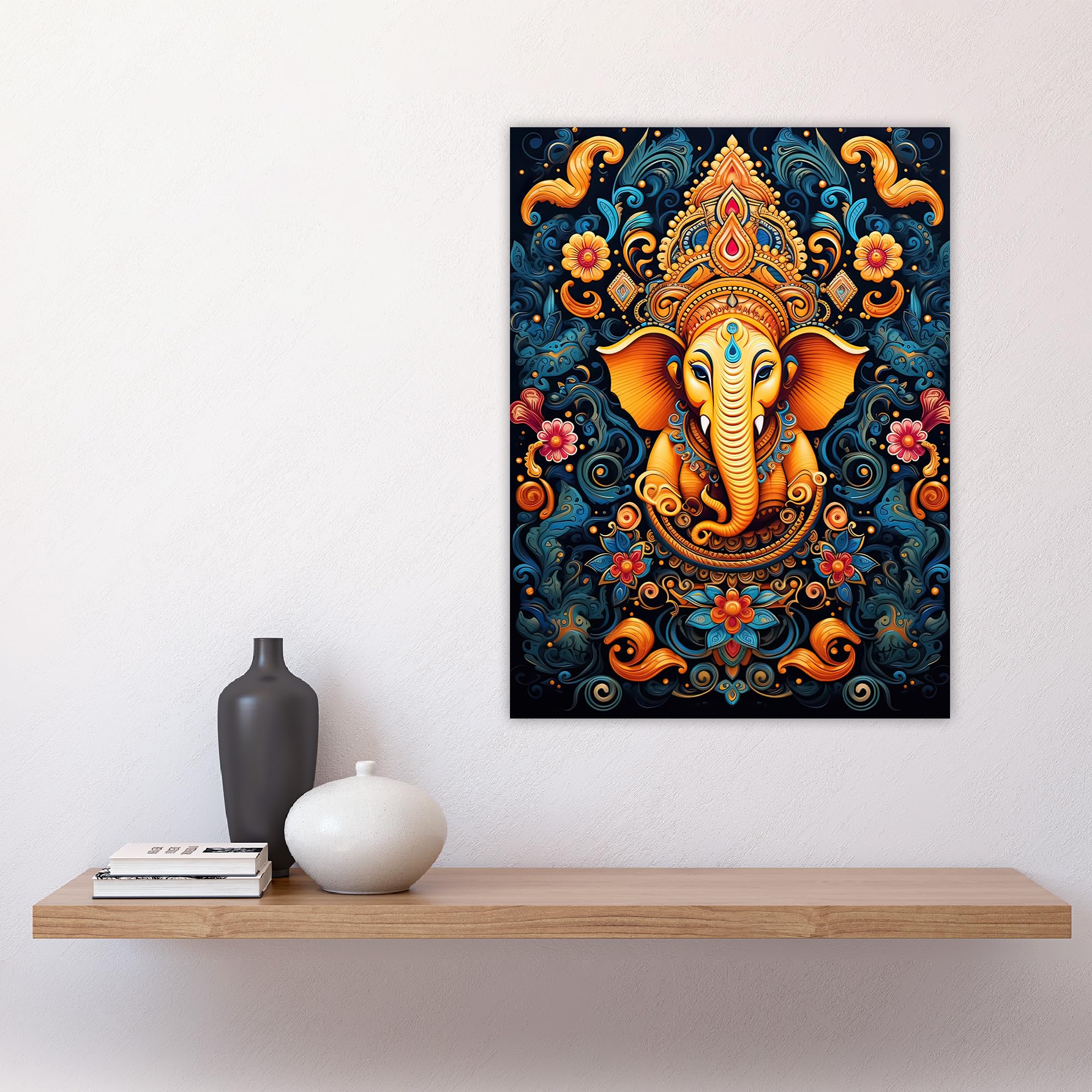 Artery8 Ganesha and Flowers Hindu Concept Art Orange Blue Vibrant Ornate Floral Pattern Design with Elephant Large Wall Art Poster Print Thick Paper 18X24 Inch - Image 4